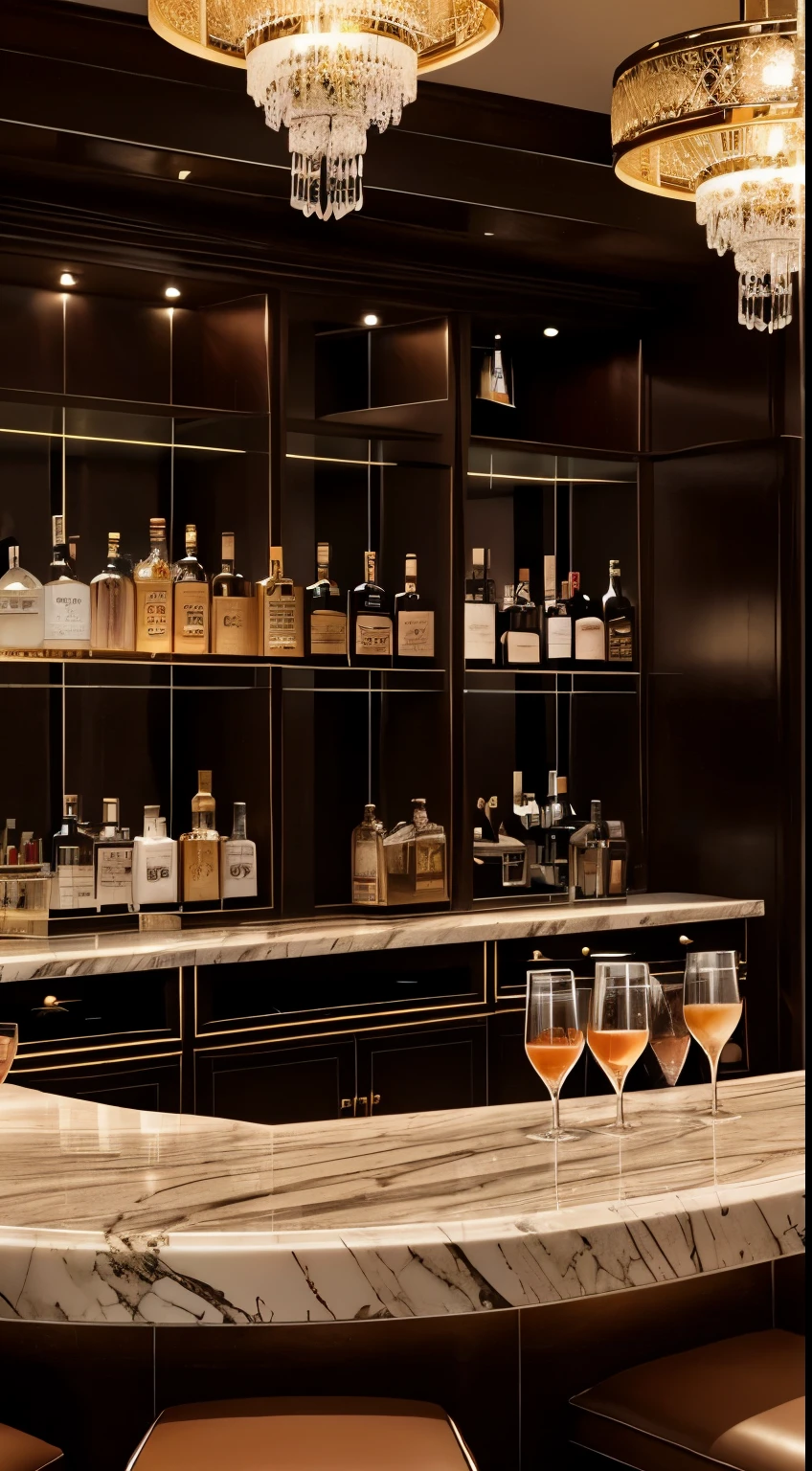 The bar at The Velvet Lounge is a focal point of elegance and style, with a polished marble countertop and mirrored shelves stocked with premium spirits and exotic liqueurs. Bartenders expertly craft cocktails with precision and flair, while guests sit on plush barstools, enjoying the vibrant ambiance and attentive service. Soft lighting adds a warm glow to the space, creating a welcoming atmosphere for patrons to socialize and indulge in the finest libations.