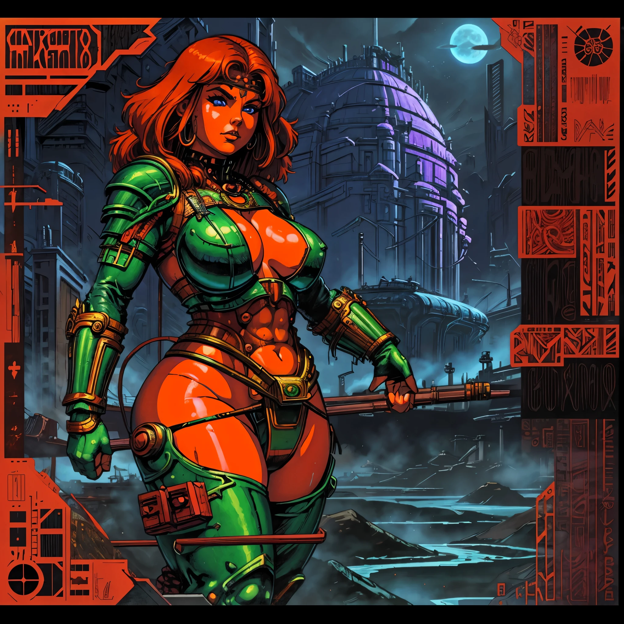 One barbarian girl, red head girl, space-warrior girl, cyborg girl, beautiful bbw girl, chubby girl, woman-warrior, whole body, nude body, Perfect skin, space background, blood rain, dark fantasy, Linsner style, Science fiction, 80s, 16-bit game, VHS era, planet in space background, purple lightning, psychedelic color background, smog, fog, swamp, girl in swamp, mad max style, vhs tape cover