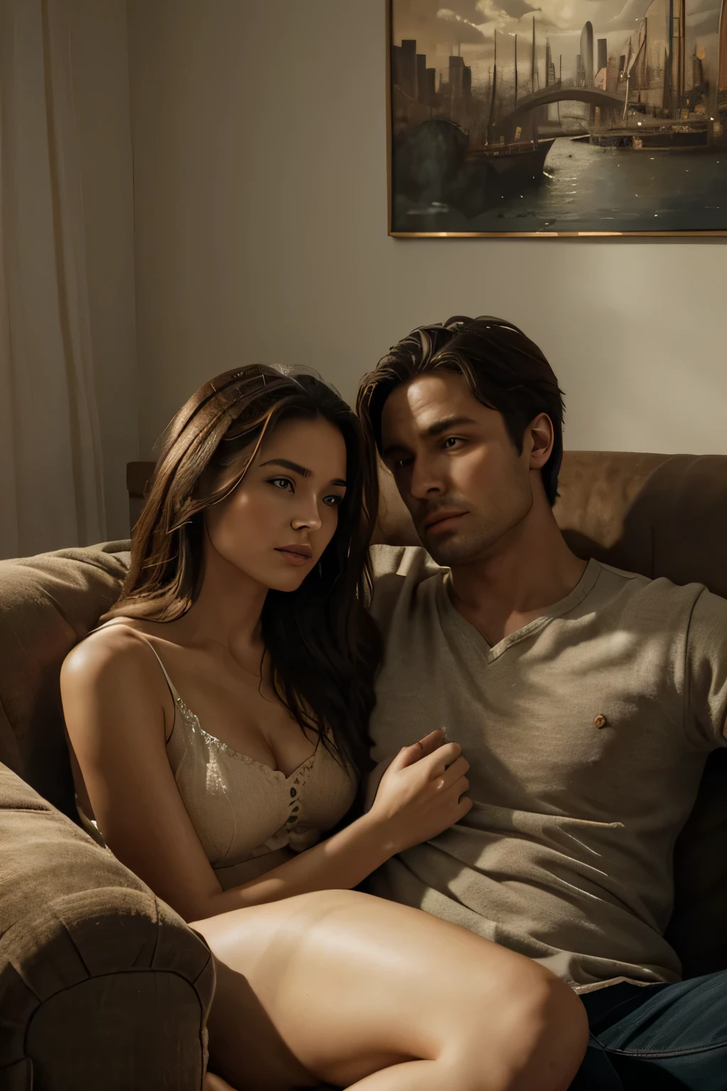 masterpiece, man takes woman to cozy.
Beautiful sofa.
sit together on the sofa, photorealism, Super detailed.