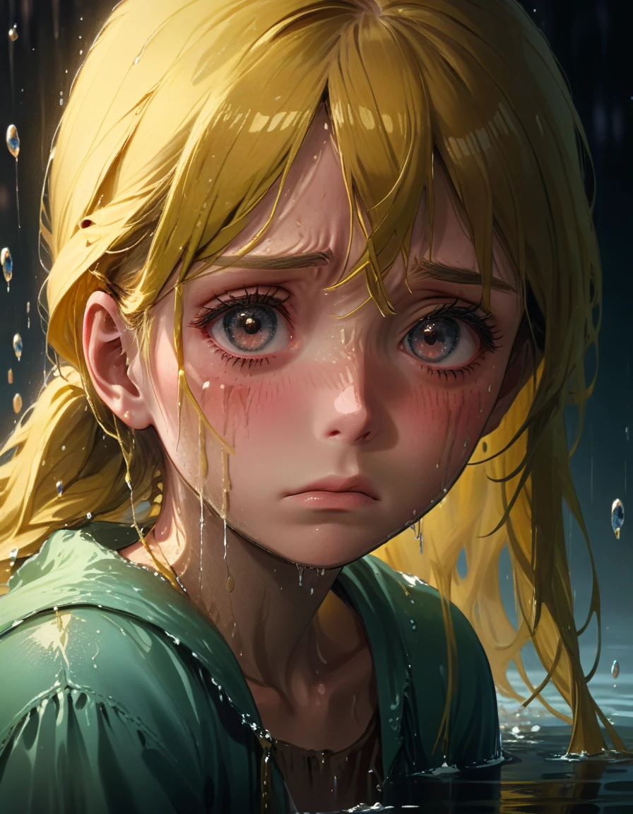 (best quality,4k,8k,highres,masterpiece:1.2),ultra-detailed,teary-eyed girl,crying face,watery eyes,sad expression,single tear rolling down her cheek,emotional portrait,sorrowful scene,soft lighting,dark and moody atmosphere,subtle color grading