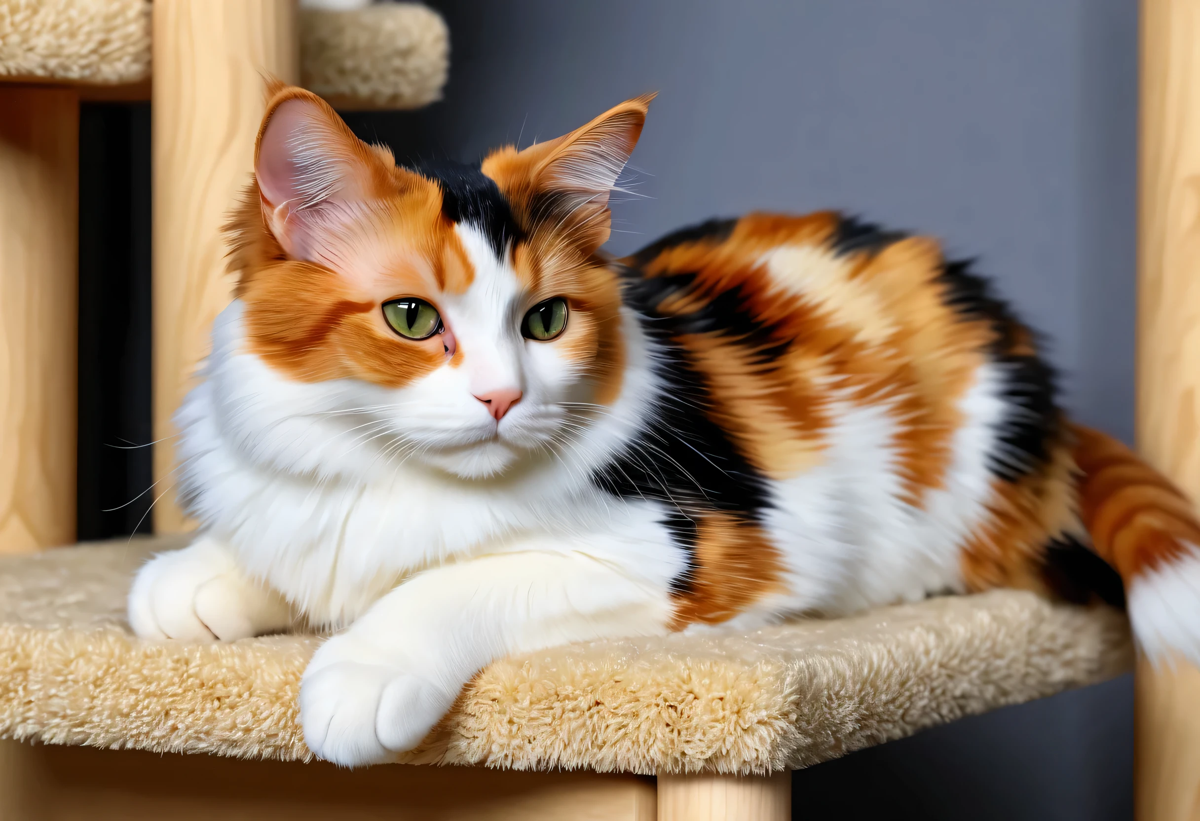 (three-haired cat), realistic, high quality, masterpiece, hd,Relax in your room,Cat Tower,sleep