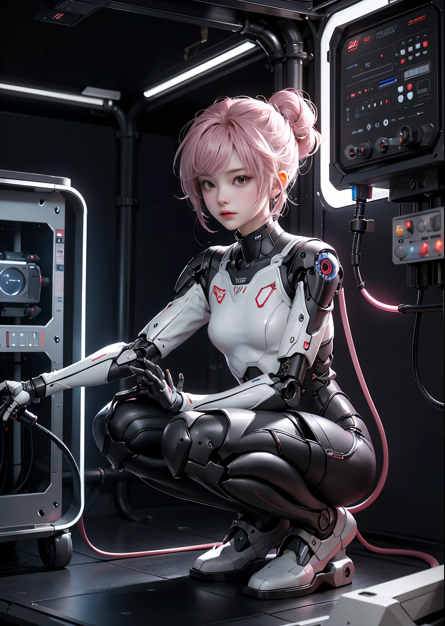 A boy with a powerful robot body、（1 boy）、Squatting down with one knee up、18-year-old、Pink titanium alloy and black carbon fiber skeleton、（silver gold short hair:1.5）、Body composed of a small control motor, cylinder and pipe、A smooth thoracic cable and tube connects the body to the control panel。、movie lighting、Many pilot lights are lit、（The entire area is occupied by a control panel:1.3）、