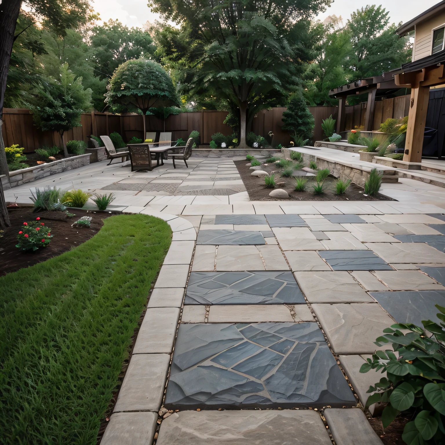 A well-designed outdoor space with various landscaping elements. Installing edging and decorative rocks.