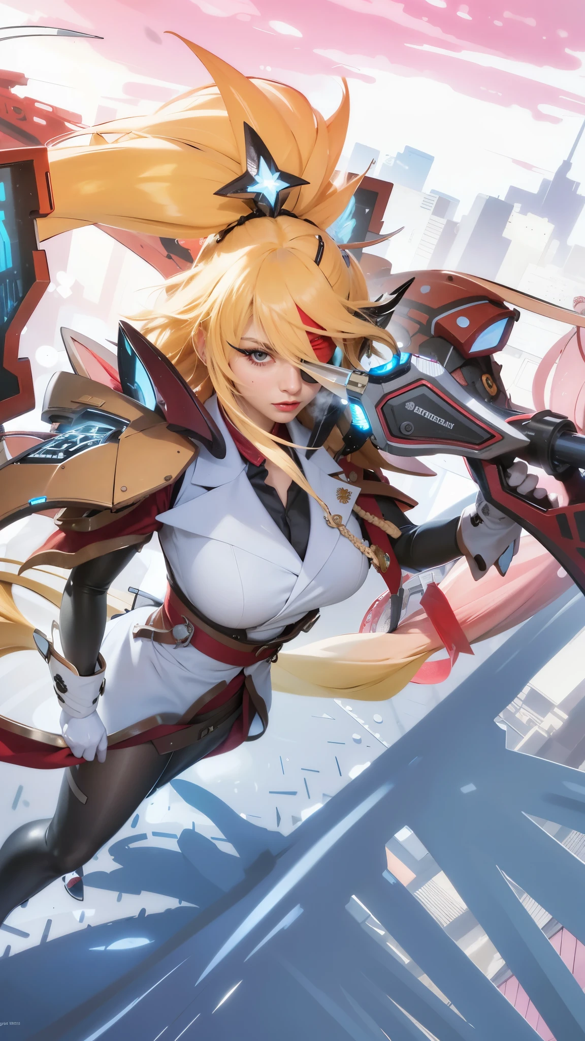 8k, ultra hd, ultra detailed texture, hyper realistic, masterpiece, detailed texture, detailed face, detailed skin, detailed lighting, (photorealistic:1.5), best quality, beautiful lighting, cinematic lighting, professional lighting, ultra highres, realistic, detailed hair, real hair, high quality, (realskin:1.5), extremely detailed, finely detail, ultra-detailed, 1girl, a close-up of a woman with a gun in her hand, braids, eye patch, left eyepatch