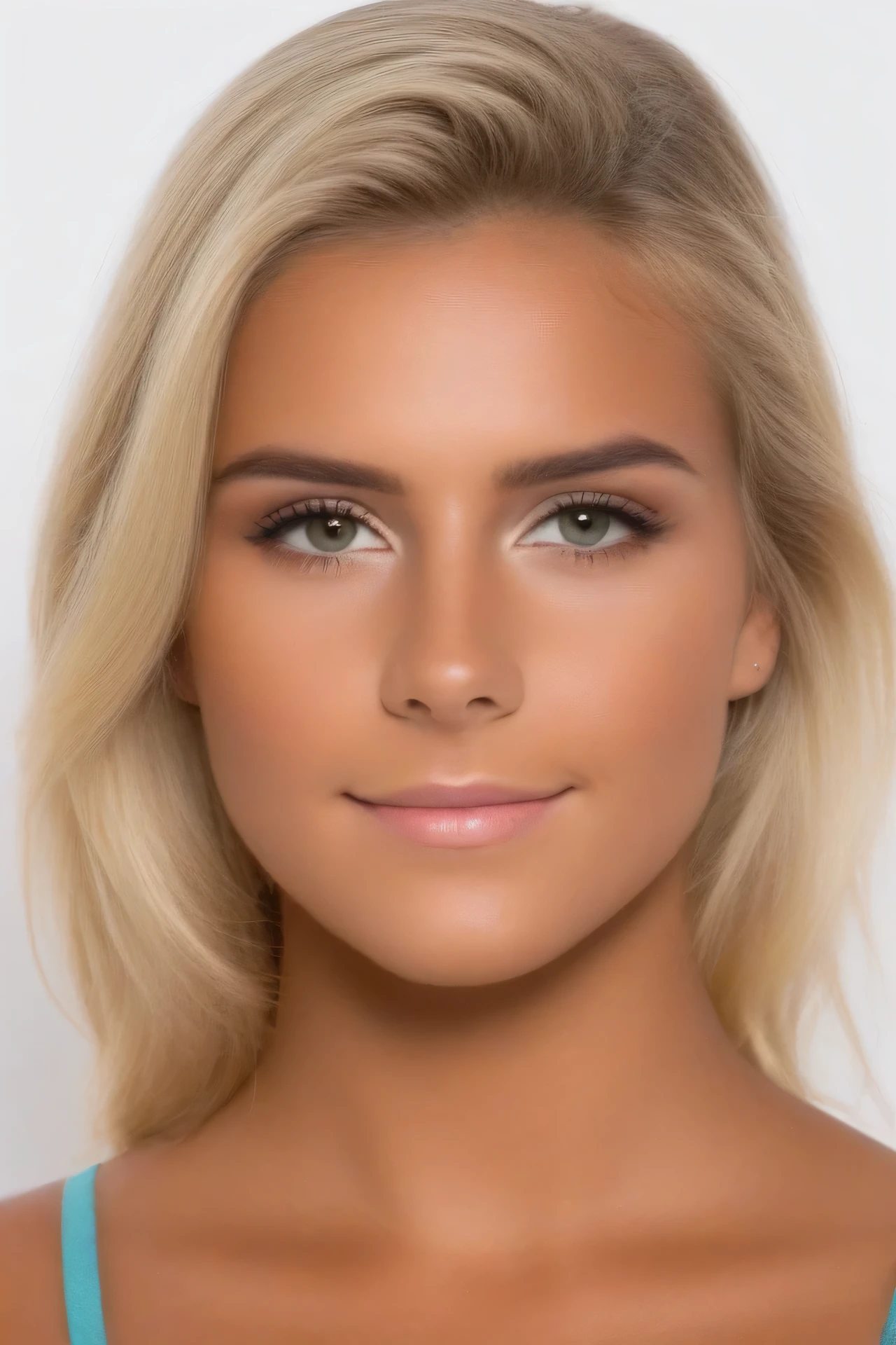 blonde, beautiful, tanned, 22 years old, facing the viewer, headshot
