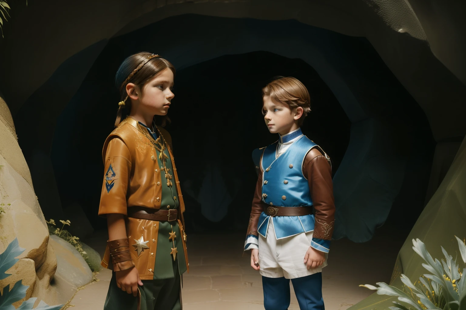 ((((10-year-old)) Bastian Balthazar Bux)), german boy, shy, lively eyes, ((frustrated expression)). ((((blue german fantasy prince clothings)))), ((dark-chestnut hairstyle)).