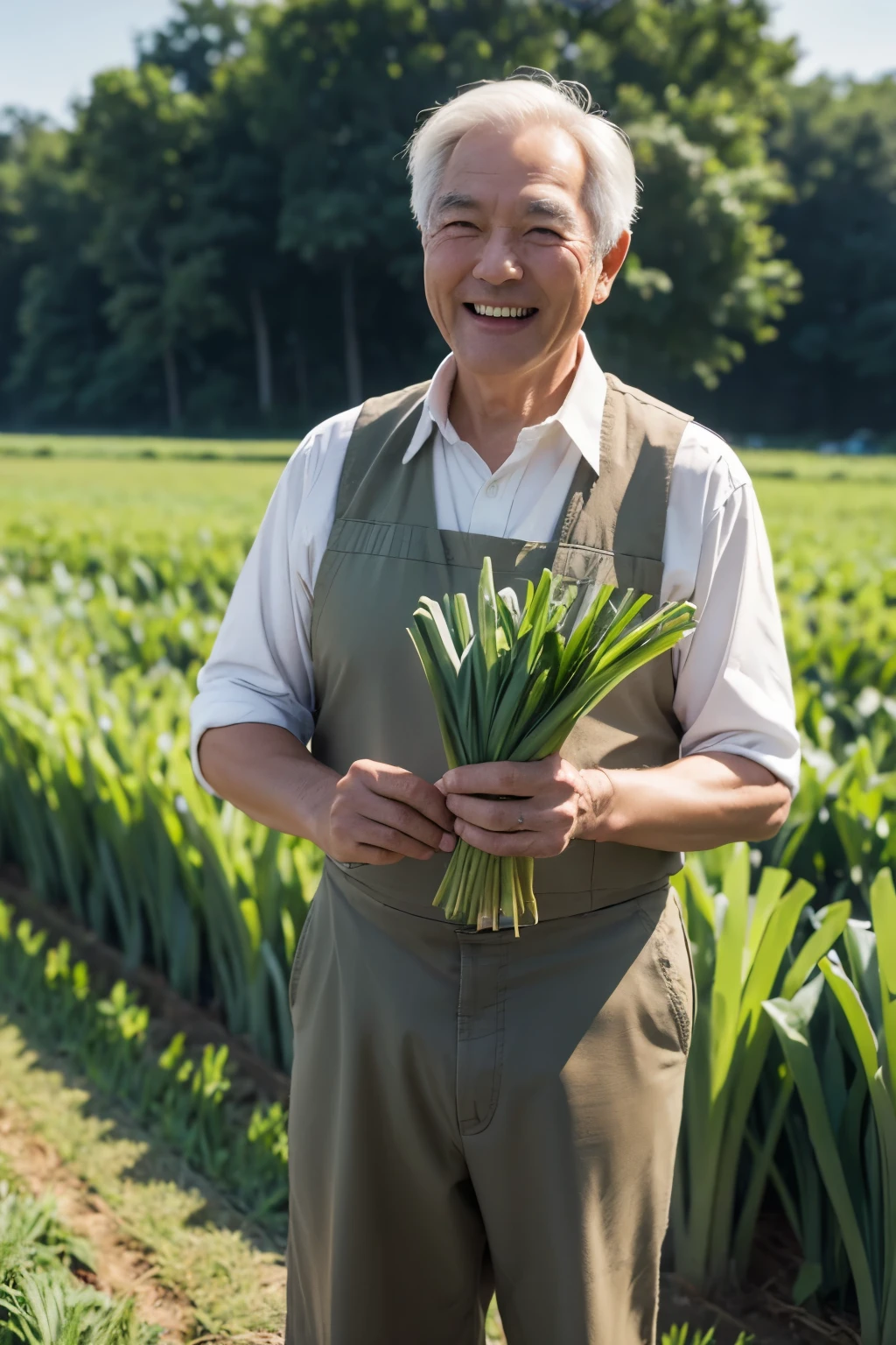 High resolution, Ultra-detailed,Male old farmer holding green onions、Standing in the field and laughing
