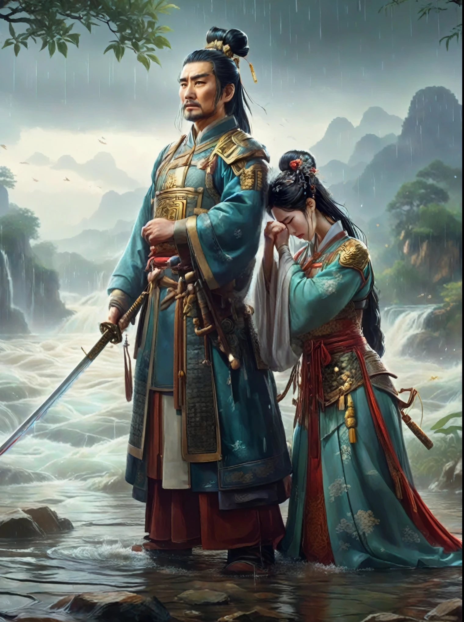 Illustrate a scene with an ancient Chinese general and a beautiful consort standing by the riverbank, both with faces covered in tears, reflecting a deep sense of sorrow. ((The general is holding a sword to his neck)), symbolizing a moment of despair, while the consort weeps uncontrollably beside him. This poignant scene is set against a backdrop of pouring rain, emphasizing the tragic intensity of their love and the emotional depth of their farewell. The historical setting, traditional Chinese attire, and emotional expressions should all contribute to a vivid portrayal of their tearful, heartbreaking moment.