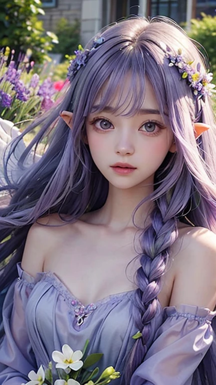 goblin、young woman、Lavender-colored dress、lavender colored hair、transparency、surrounded by lavender、flower garden、Angel、Person in the center、pale light、long hair、ribbon