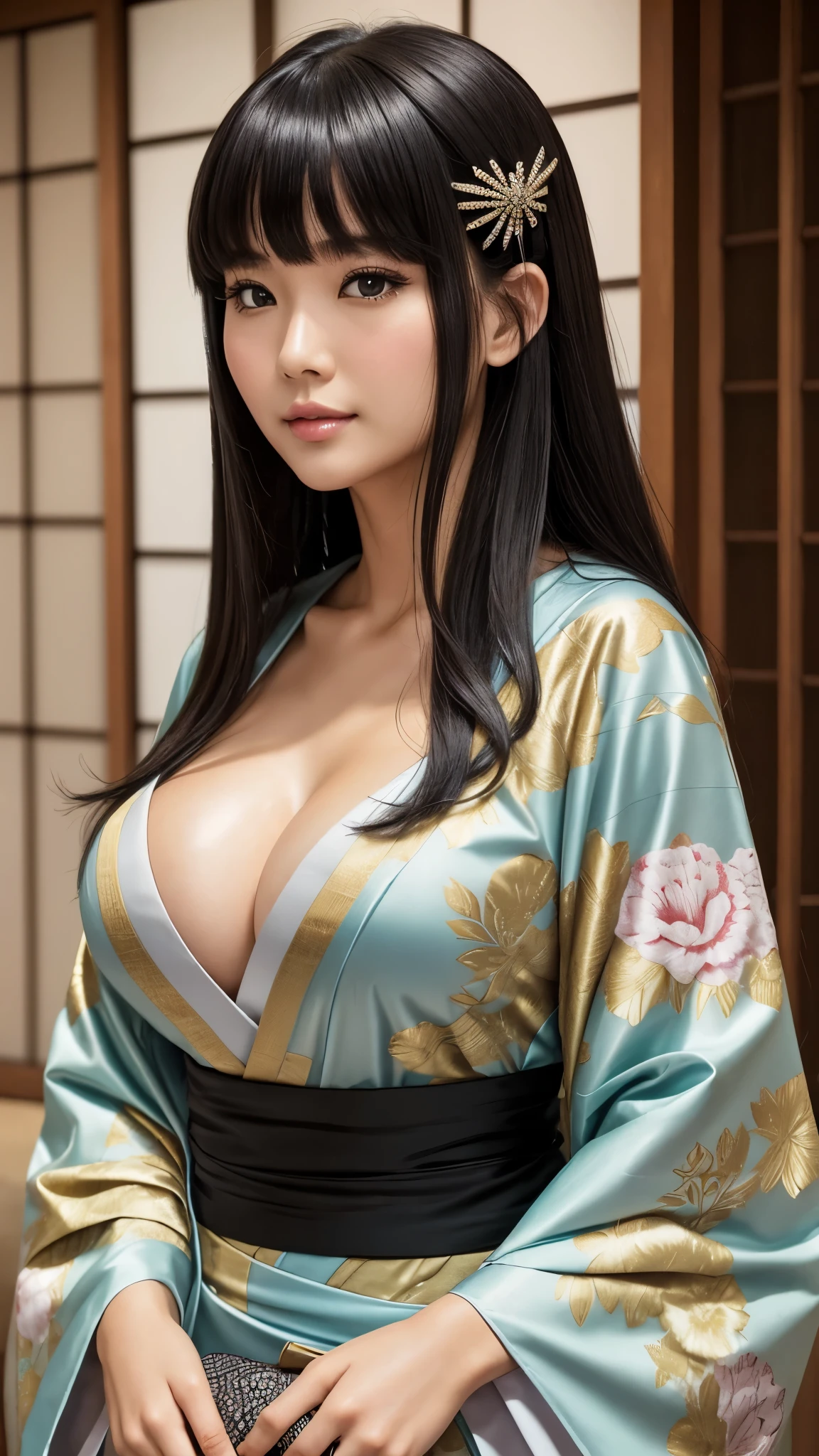 ((best quality)), ((muste piece)), (detailed face), (highlight), princess、Big breasts、blunt bangs、black hair、beautiful japanese kimono、