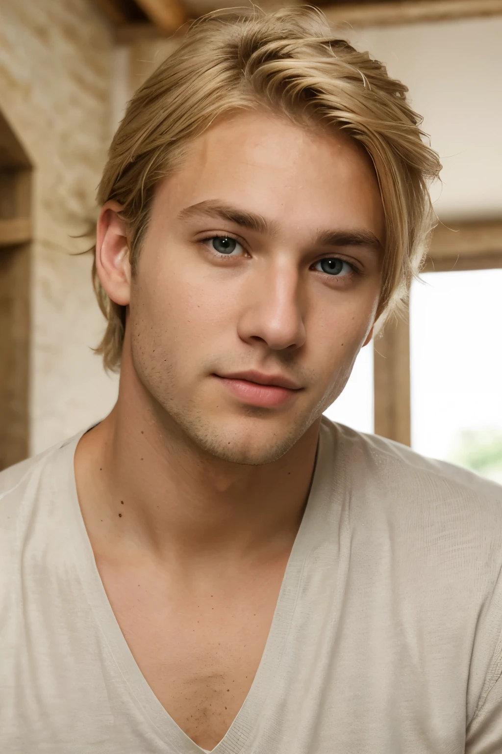 Handsome guy, blond hair, Light eyes, oval face type, slightly hooked nose, looking at the camera