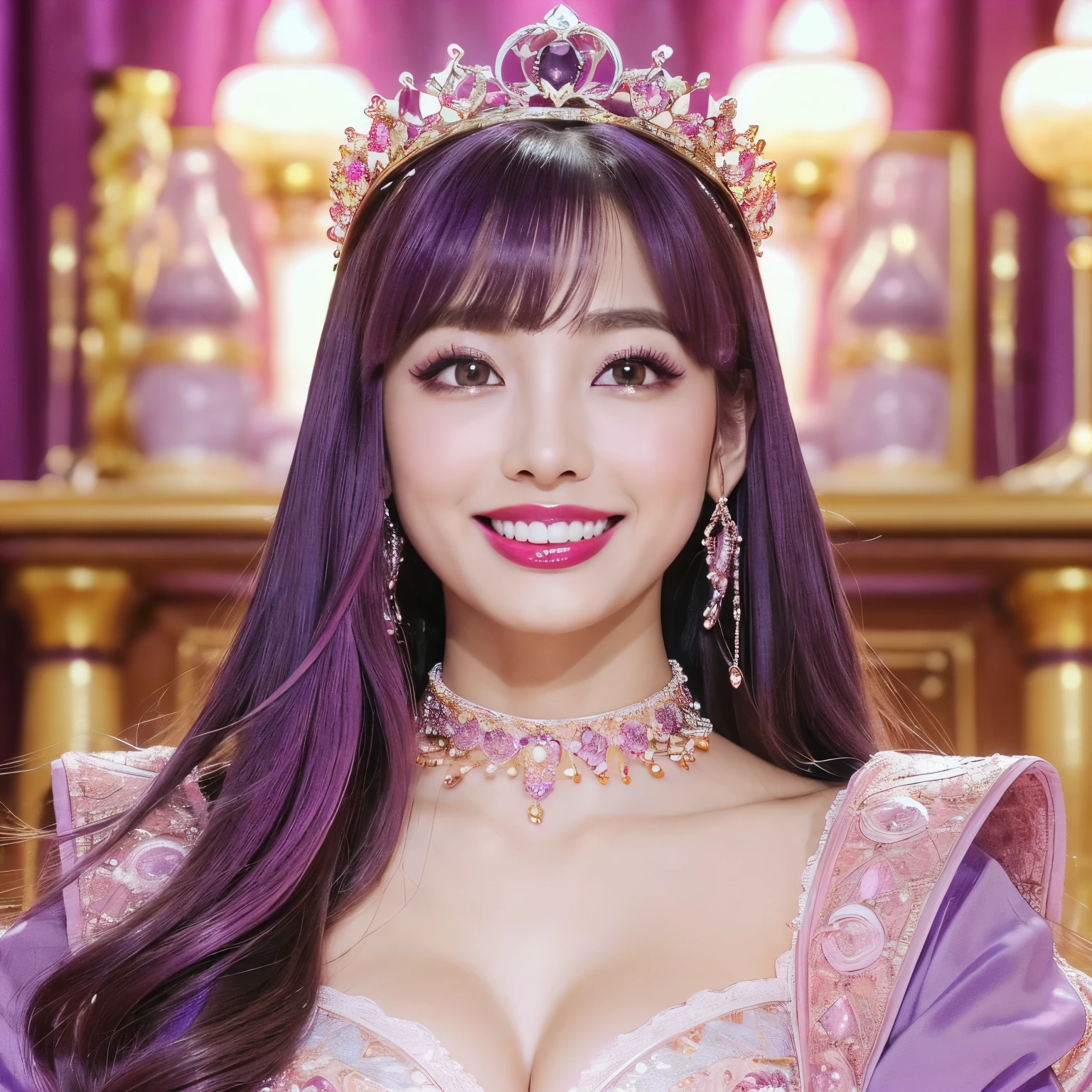 ((highest quality、table top、8K、best image quality、extremely complex and detailed depiction))、(Japan's most gorgeous prostitute goddess:1.1)、((The most gorgeous prostitution goddess huge costume、The most luxurious and highest quality giant tiara、The most luxurious and highest quality giant necklace、the most vivid and luxurious costumes、big long costume、The unimaginably luxurious goddess room、Glittering purple and pink room、purple and pink interior、The most natural and perfect goddess room、The most luxurious and perfectly organized room of a prostitute goddess、A perfectly ordered and orderly room、The most luxurious purple and pink room、purple and pink gems、A glittering room decorated with plenty of jewelry night、very intricate decoration、very clear goddess room))、(Please look at me、bewitching smile、perfect makeup、long eyelashes、lipstick、pink eyeshadow、perfect anatomy、best smile)、(very bright and vivid:1.1)、(shiny skin:1.1)、(Ultra-high definition bright and beautiful skin:1.1)、Super high definition beautiful teeth、ultra high definition hair、Super high-definition sparkling eyes