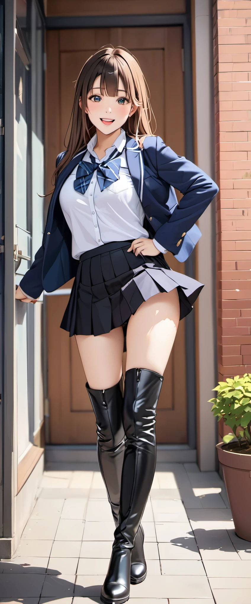 woman,20-year-old,School,noon,(((School uniform in skirt))),,open mouth smile((black leather thigh high boots))(),(big butt),(()),blush、surprised face,(((I can see your panties))),((((turn around and look back))))(cute underwear)(Reflecting the buttocks)(stick out your butt()slouch)