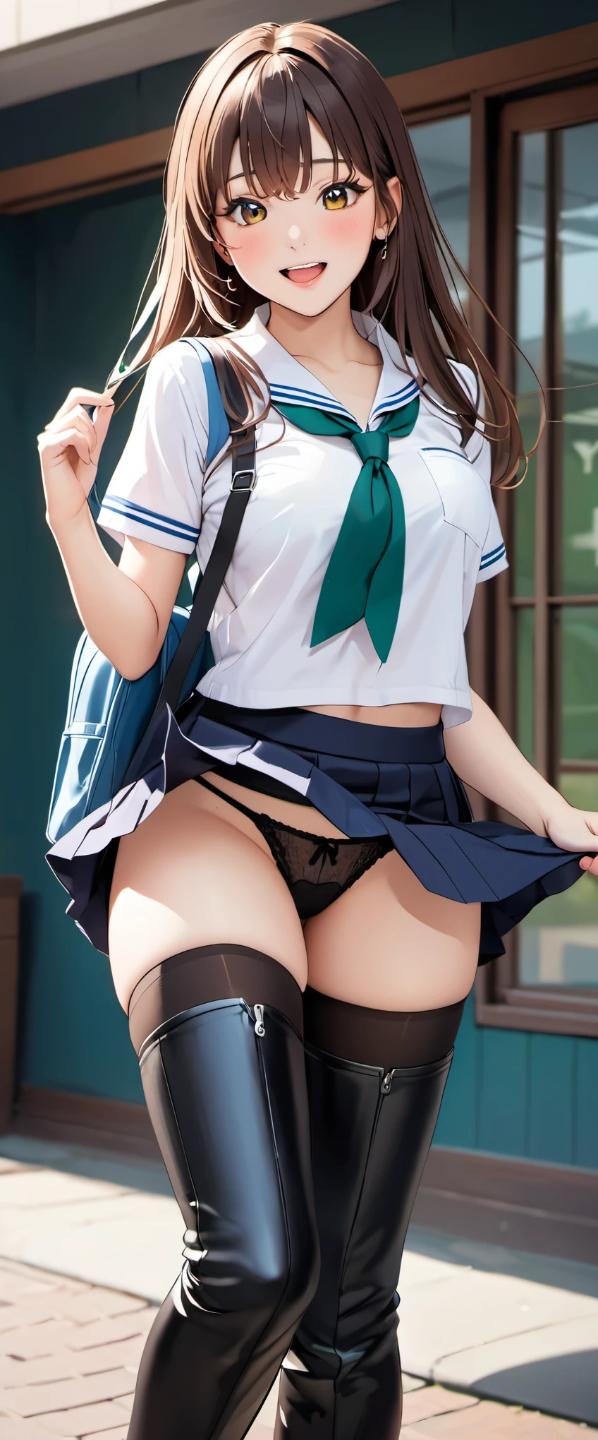 woman,20-year-old,School,noon,(((School uniform in skirt))),,open mouth smile((black leather thigh high boots))(),(big butt),(()),blush、surprised face,(((I can see your panties))),((((turn around and look back))))(cute underwear)(Reflecting the buttocks)(stick out your butt()slouch)