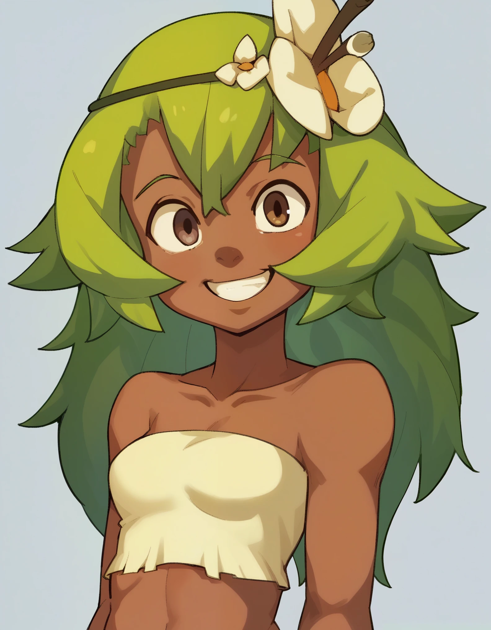 score_9, score_8_up, score_7_up, score_6_up, BREAK, source_cartoon, source_anime,
1girl, amaliayoung, green hair, long hair, hair flower, dark skin, bare shoulders, tube top,
upper body, smile, looking at viewer, solo, simple background 