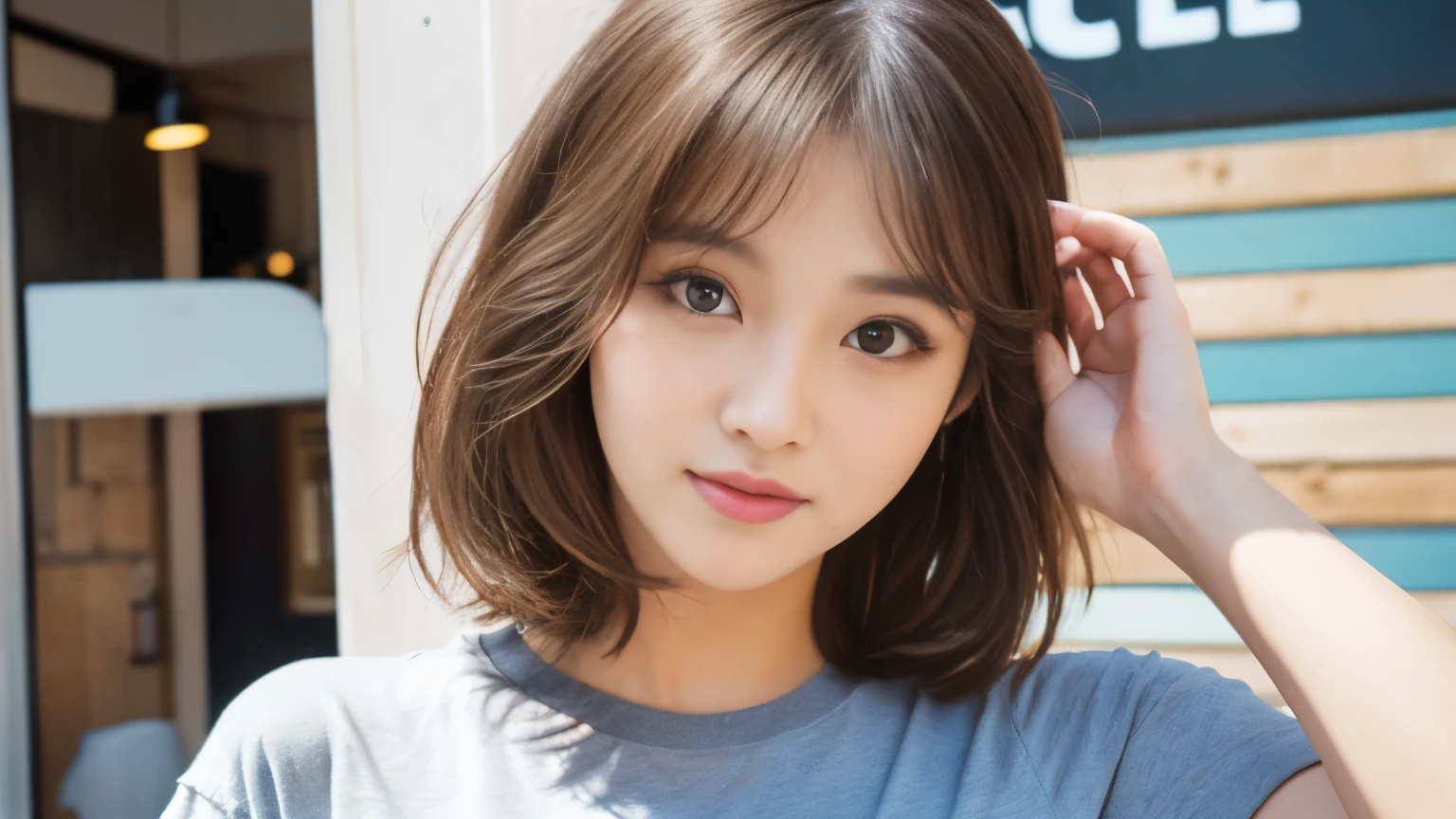 highest quality, Instagram, bright lighting, T-shirt, oversized T-shirt, graphic T-shirt, logo design T-shirt, heavyweight T-shirt, (at the cafe), stylish cafe, Highly detailed face and skin texture, delicate eyes, double eyelid, Whitening skin, (round face: 1.5), short hair, short twin tails