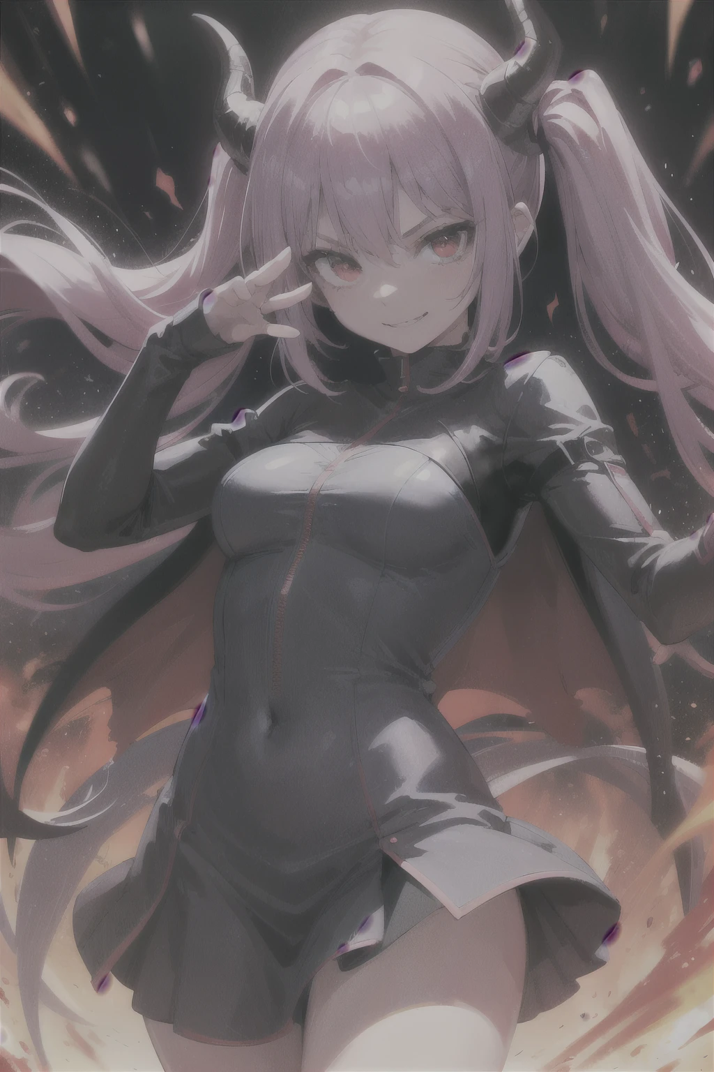 masterpiece, best quality, ultra detailed, extremely detailed body, extremely detailed 8k CG wallpaper, HDR, 1girl, purple hair with red streaks, twintails, bangs, red eyes, evil smile, purple energy blasts coming out of hand, attack pose, dragon goddess, red demon horns, energy particles blue, apocalyptic scenery, detailed scenery, dynamic angle, insanevoid, glowing eyes, extra eyes, horror \(theme\)