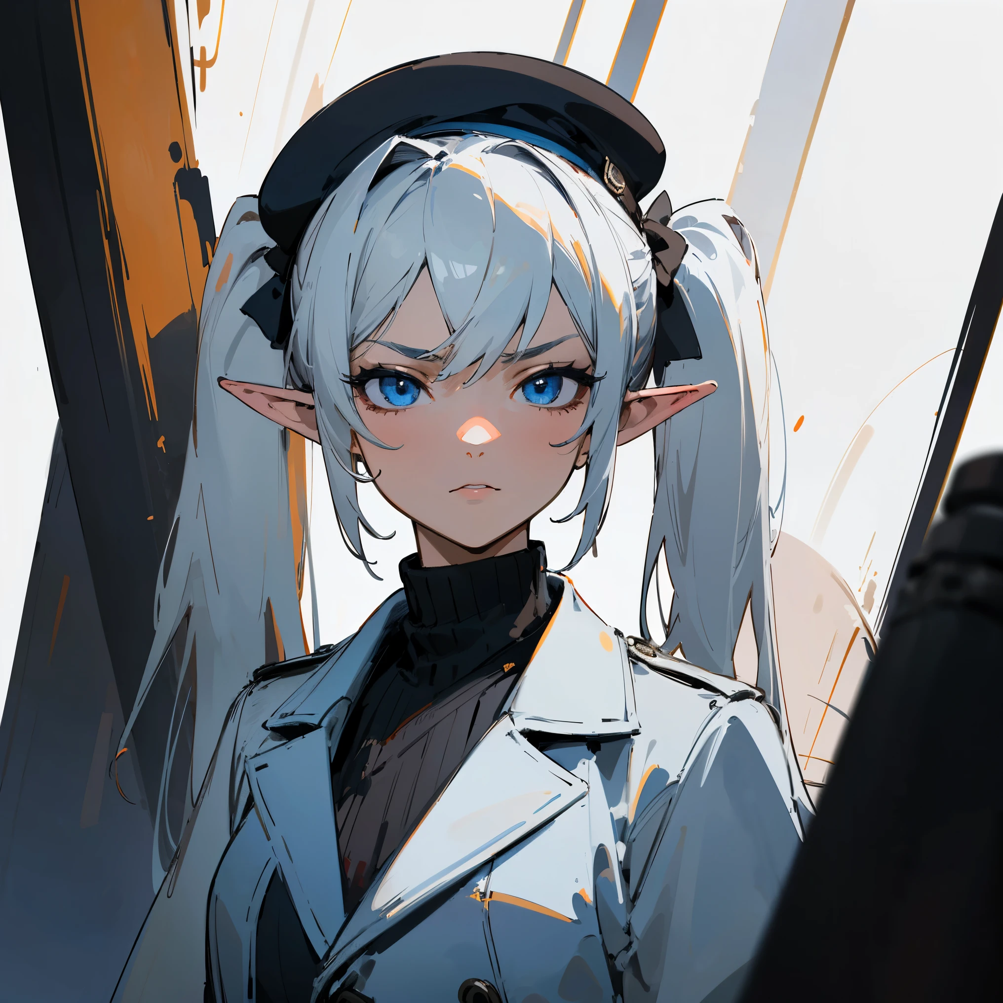 (Masterpiece, Top Quality, Best Quality, Official Art, Beauty and Aesthetics: 1.2), (Flat Color: 1.3), Very Detailed, Detailed Face and Eyes, Cinematic Light, SFW, Anime, Depth of Field, 1 Girl, Serious Face, Solo, Official, White Hair, Elf Ears, Twintails, Blue Eyes, Black Eye Shadow, Medium Tits, Black Beret, Black Trenchcoat, Black Turtleneck, 