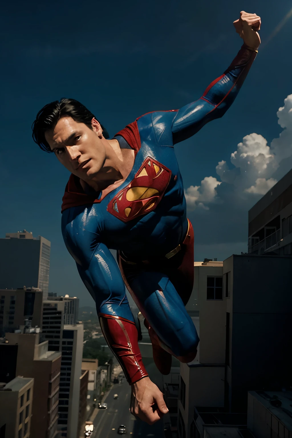 masterpiece, best quality, color illustration of superman leaping forwards toward the camera, masterful composition and cinematic lighting, in style of alex ross