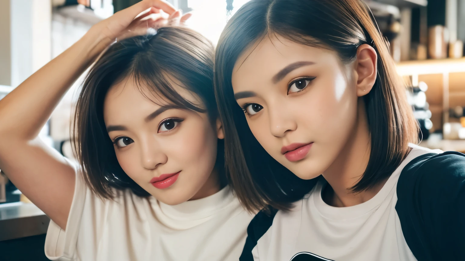 highest quality, Instagram, bright lighting, T-shirt, oversized T-shirt, graphic T-shirt, logo design T-shirt, heavyweight T-shirt, (at the cafe), stylish cafe, Highly detailed face and skin texture, delicate eyes, double eyelid, Whitening skin, (round face: 1.5), short hair, short twin tails