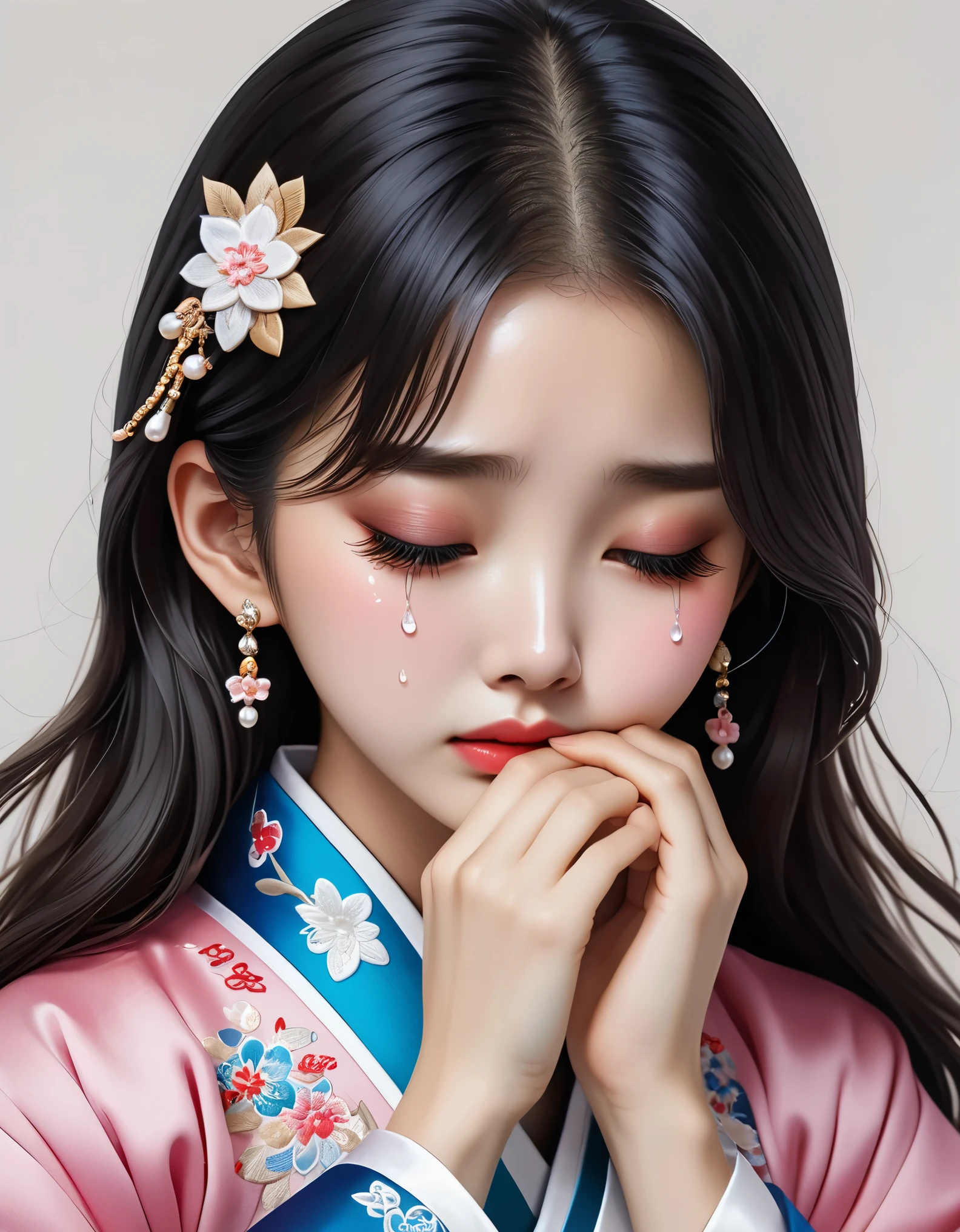 （Beautiful face of crying Chinese girl covering her face with handkerchief）, （With many, many tears in her eyes：1.3），（Eyes full of tears are flowing out）（bowed slightly），（Cover your face with your hands and cry），Pearl ear-rings, long eyelashes and pink lips, face close-up, clean face, round chin, blue eyes, Blue embroidered hanbok, White background. illustrate, 3D rendering, Bright colors and exquisite details, as illustration poster, 2D game art style, Color proofing, HD, 32k ,disney，