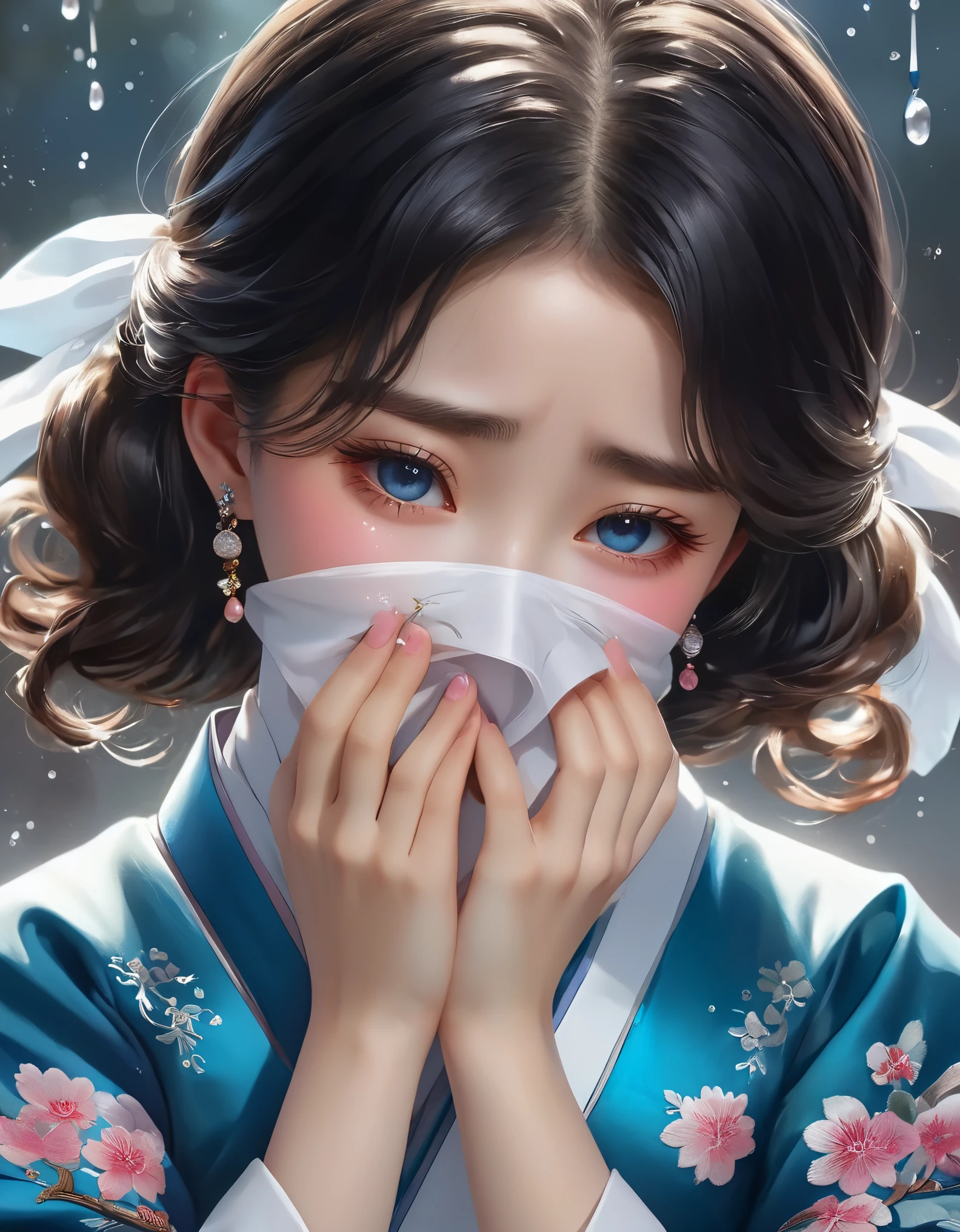 (Beautiful face of crying Chinese girl covering her face with handkerchief), (With many, many tears in her eyes:1.3),(watery eyes)(bowed slightly),(Cover your face with your hands and cry),Pearl ear-rings, long eyelashes and pink lips, face close-up, clean face, round chin, blue eyes, Blue embroidered hanbok, White background. illustrate, 3D rendering, Bright colors and exquisite details, as illustration poster, 2D game art style, Color proofing, HD, 32k ,disney,