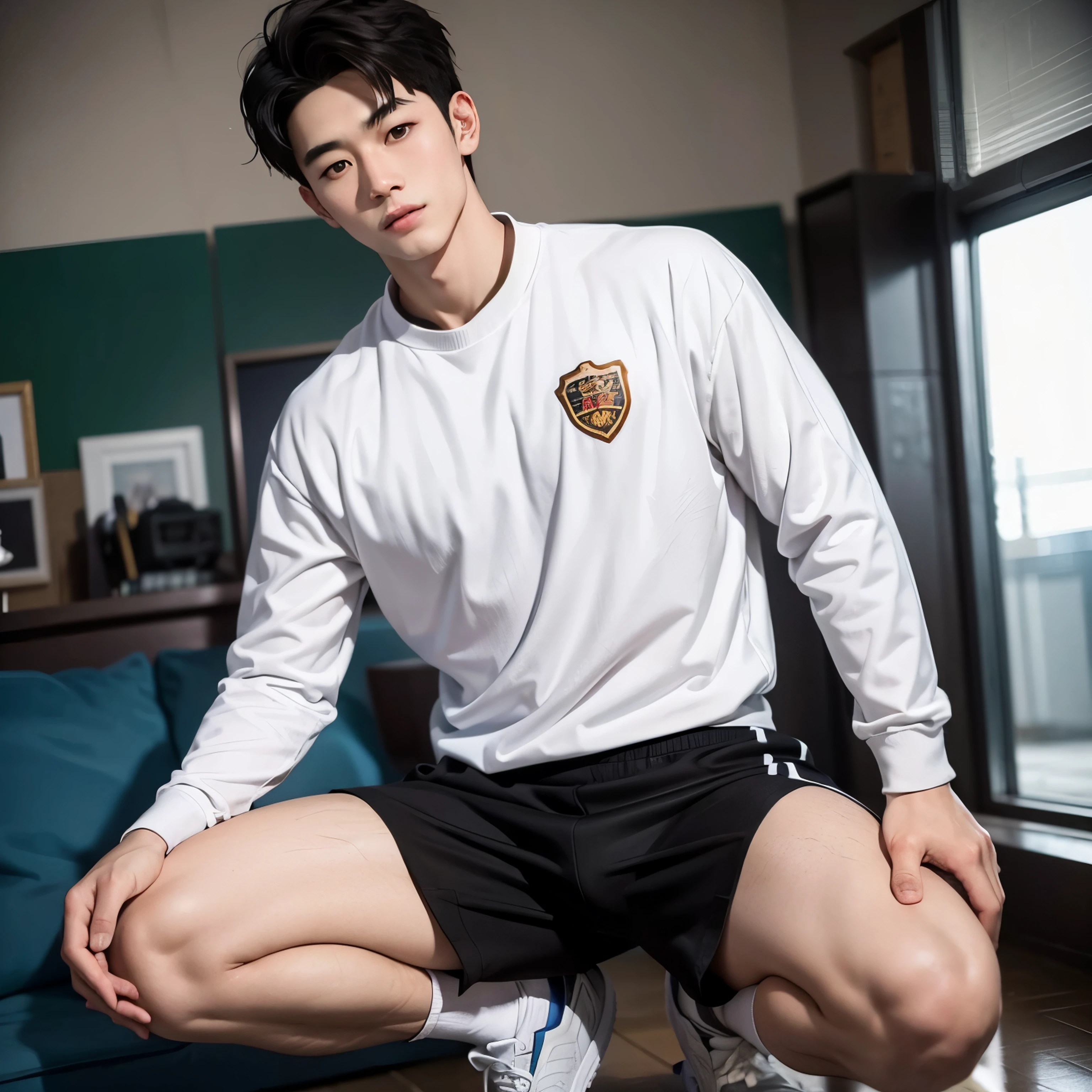 Chinese boy sports student with abs, black hair, white sports socks, Handsome guy with sexy triangle protruding