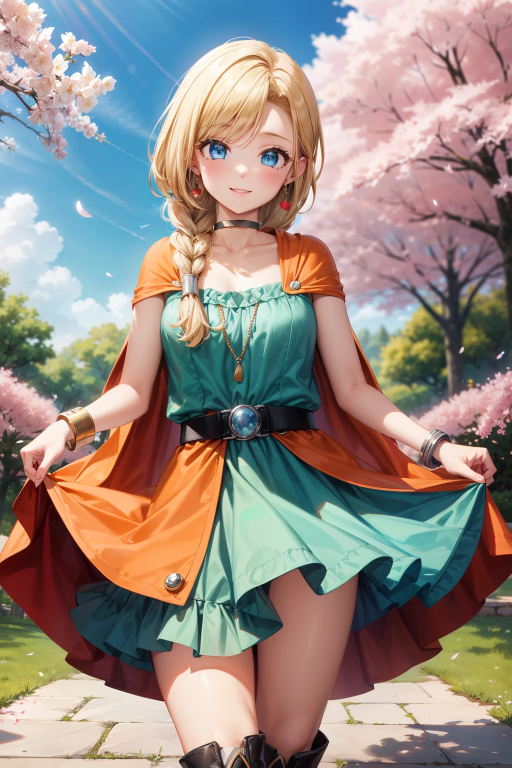 masterpiece,highest quality,High resolution,Super detailed,bianca \(dq5\),blue eyes,long hair,single blade,earrings,choker,orange cloak,green dress,bracelet,belt,boots,(wind lift:1.2),blush,(embarrassing:1.2),outdoor,castle garden,dance、high resolution、Super detailed、bianca \(dq5\)、blue eyes、long hair、One braid、earrings、choker、orange cloak、green dress、bracelet、belt、boots、、、outdoor、cherry blossoms、Are standing、smile、cowboy shot