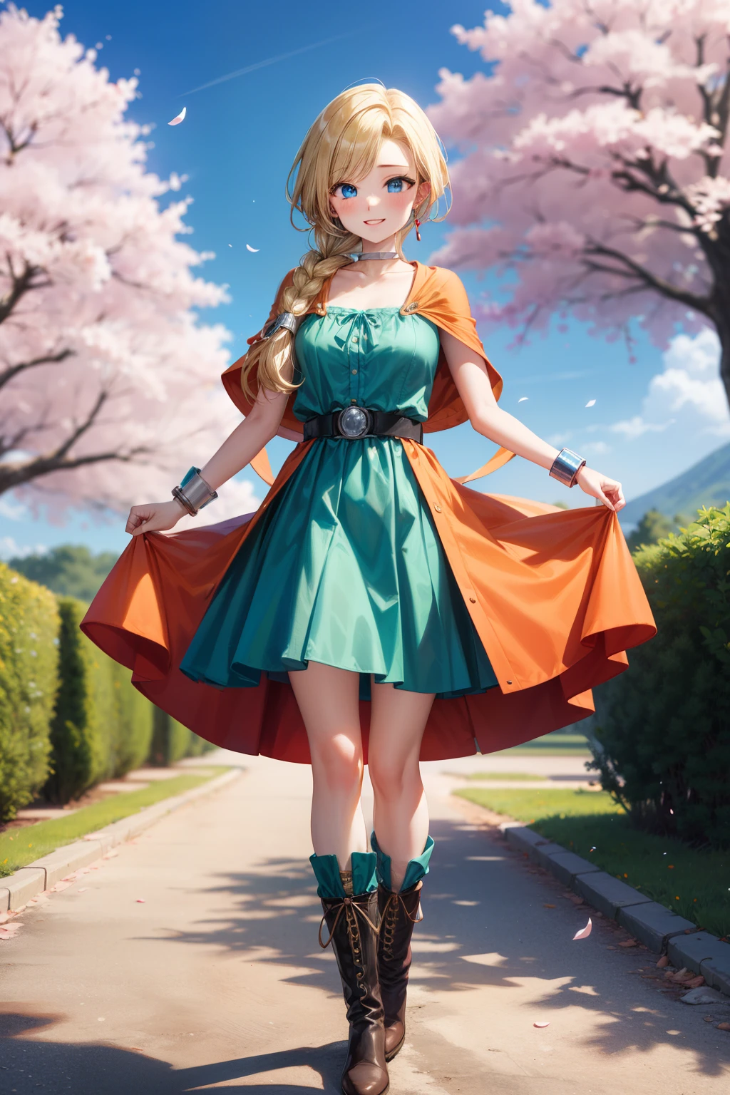 masterpiece,highest quality,High resolution,Super detailed,bianca \(dq5\),blue eyes,long hair,single blade,earrings,choker,orange cloak,green dress,bracelet,belt,boots,(wind lift:1.2),blush,(embarrassing:1.2),outdoor,castle garden,dance、high resolution、Super detailed、bianca \(dq5\)、blue eyes、long hair、One braid、earrings、choker、orange cloak、green dress、bracelet、belt、boots、、、outdoor、cherry blossoms、Are standing、smile、cowboy shot