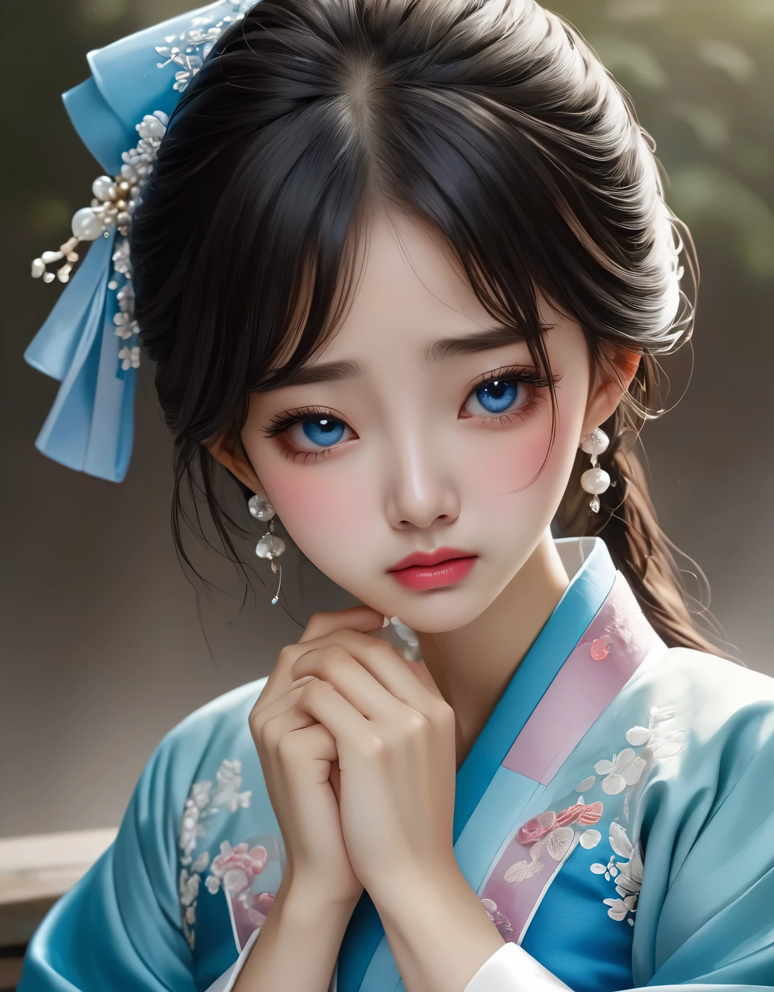 （Beautiful face of crying Chinese girl covering her face with handkerchief）, （With many, many tears in her eyes：1.3），（Eyes full of tears are flowing out）（bowed slightly），（Cover your face with your hands and cry），Pearl ear-rings, long eyelashes and pink lips, face close-up, clean face, round chin, blue eyes, Blue embroidered hanbok, White background. illustrate, 3D rendering, Bright colors and exquisite details, as illustration poster, 2D game art style, Color proofing, HD, 32k ,disney，