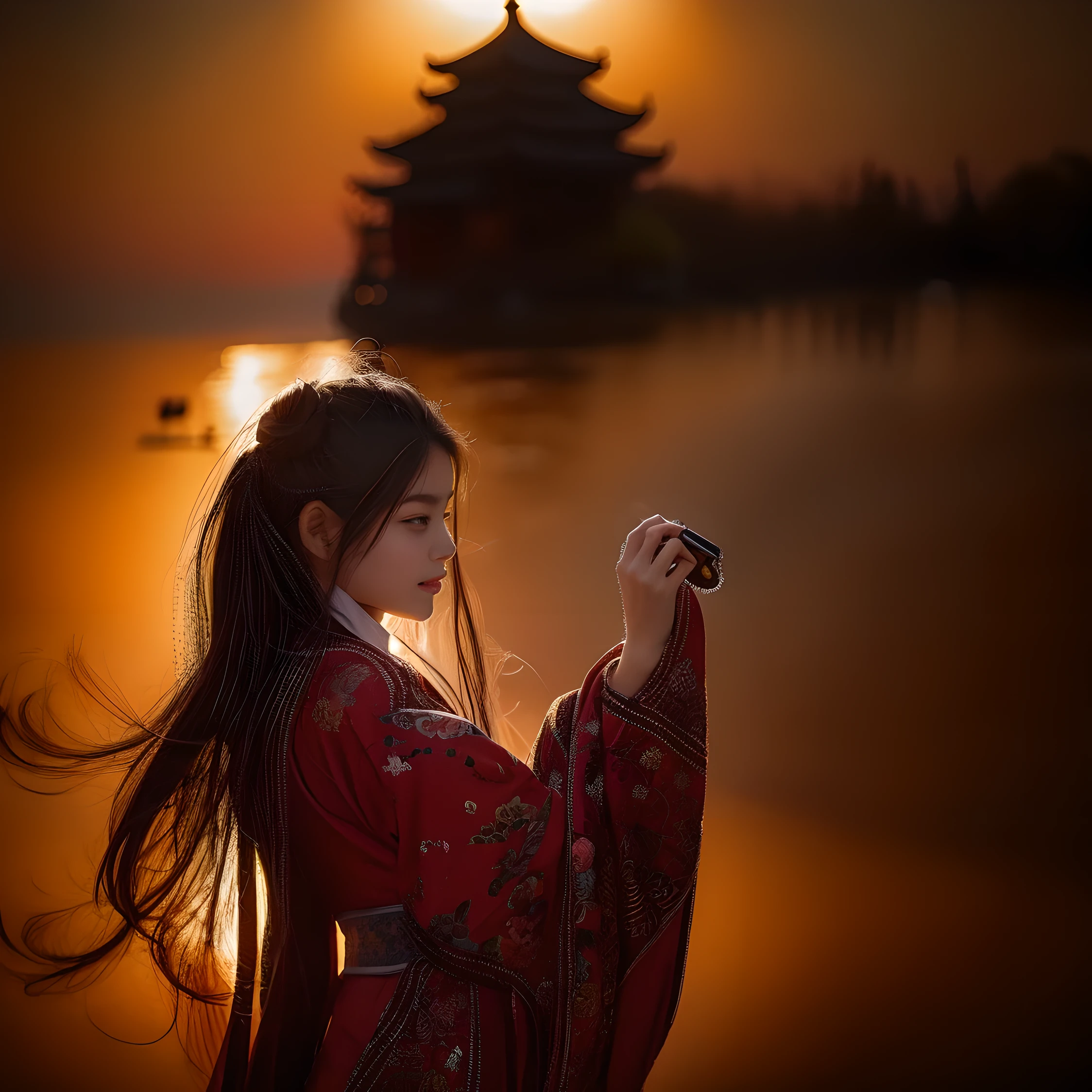 Woman in traditional clothing taking photo with mobile phone on white background, The picture is inspired by Tang Yin, blinds, realism, Wearing ancient Chinese clothes, palace , A girl wearing hanfu, Paired with ancient Chinese costumes, White hanfu, ancient chinese princess, Chinese traditional clothing, hanfu, hanfu, Chinese beauty, chinese woman, Chinese girl