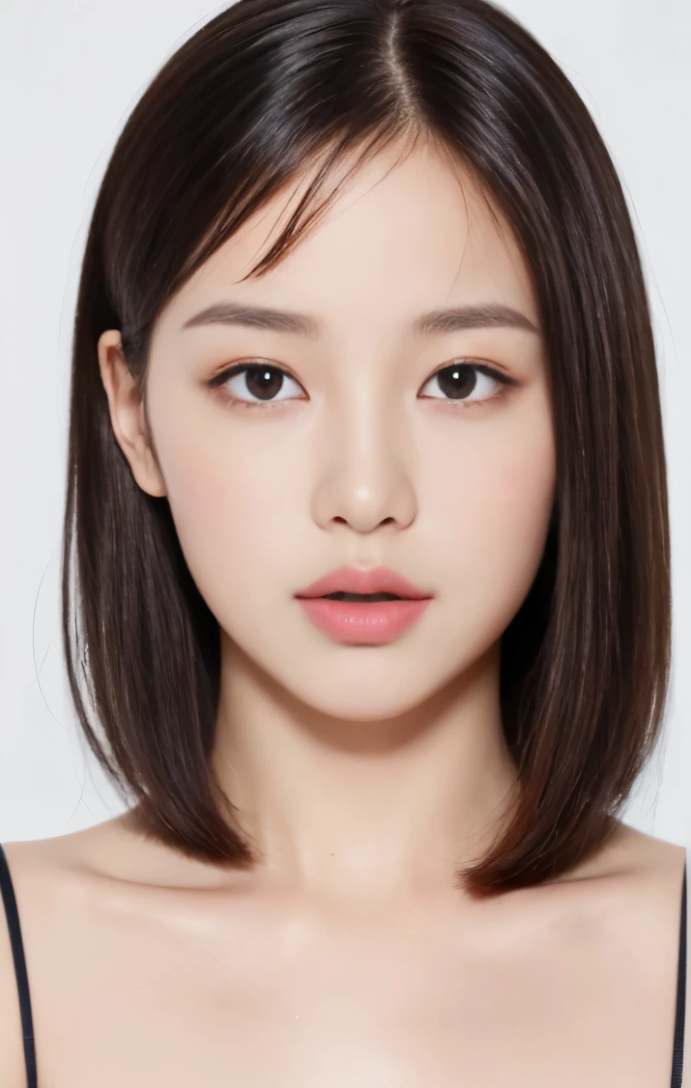 ((Highest quality, 8k, masterpiece: 1.3)), Sharp: 1.2,  ((Bob hair: 1.2)), (White background: 1.2), beautiful Korean girl, very detailed facial and skin texture, fine eyes, double eyelids, face looking directly at the camera from the front, blush, baby face, lipstick.