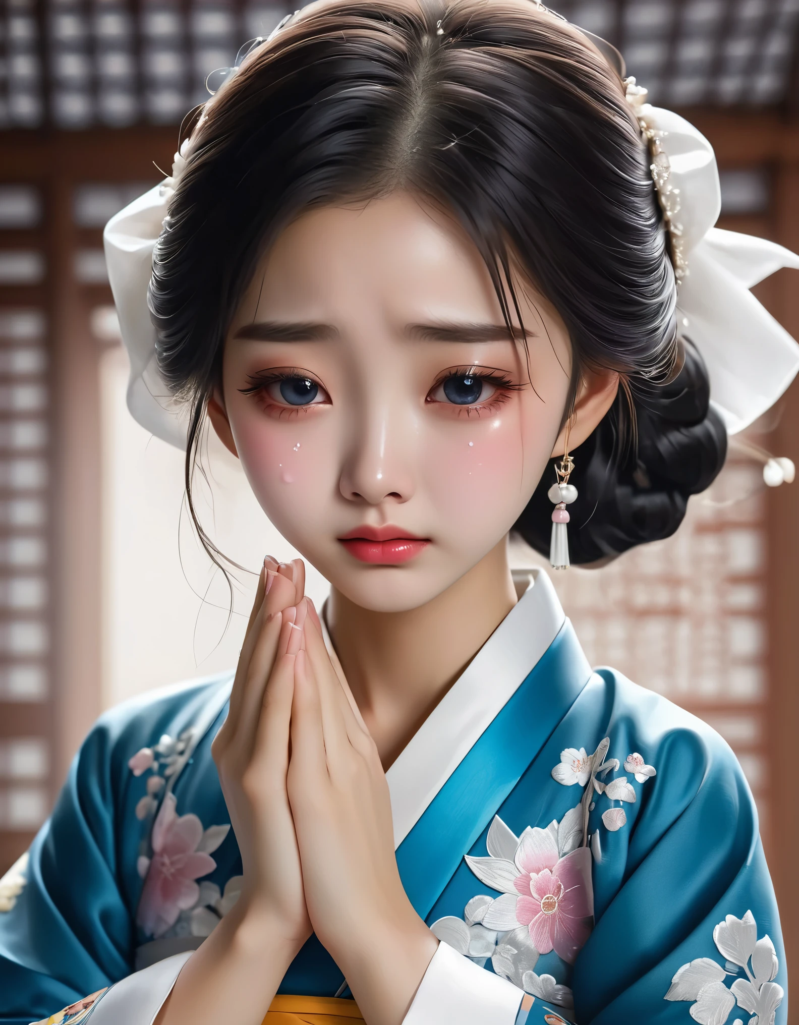 （Beautiful face of crying Chinese girl covering her face with handkerchief）, （With many, many tears in her eyes：1.3），（Eyes full of tears are flowing out）（bowed slightly），（Cover your face with your hands and cry），Pearl ear-rings, long eyelashes and pink lips, face close-up, clean face, round chin, blue eyes, Blue embroidered hanbok, White background. illustrate, 3D rendering, Bright colors and exquisite details, as illustration poster, 2D game art style, Color proofing, HD, 32k ,disney，