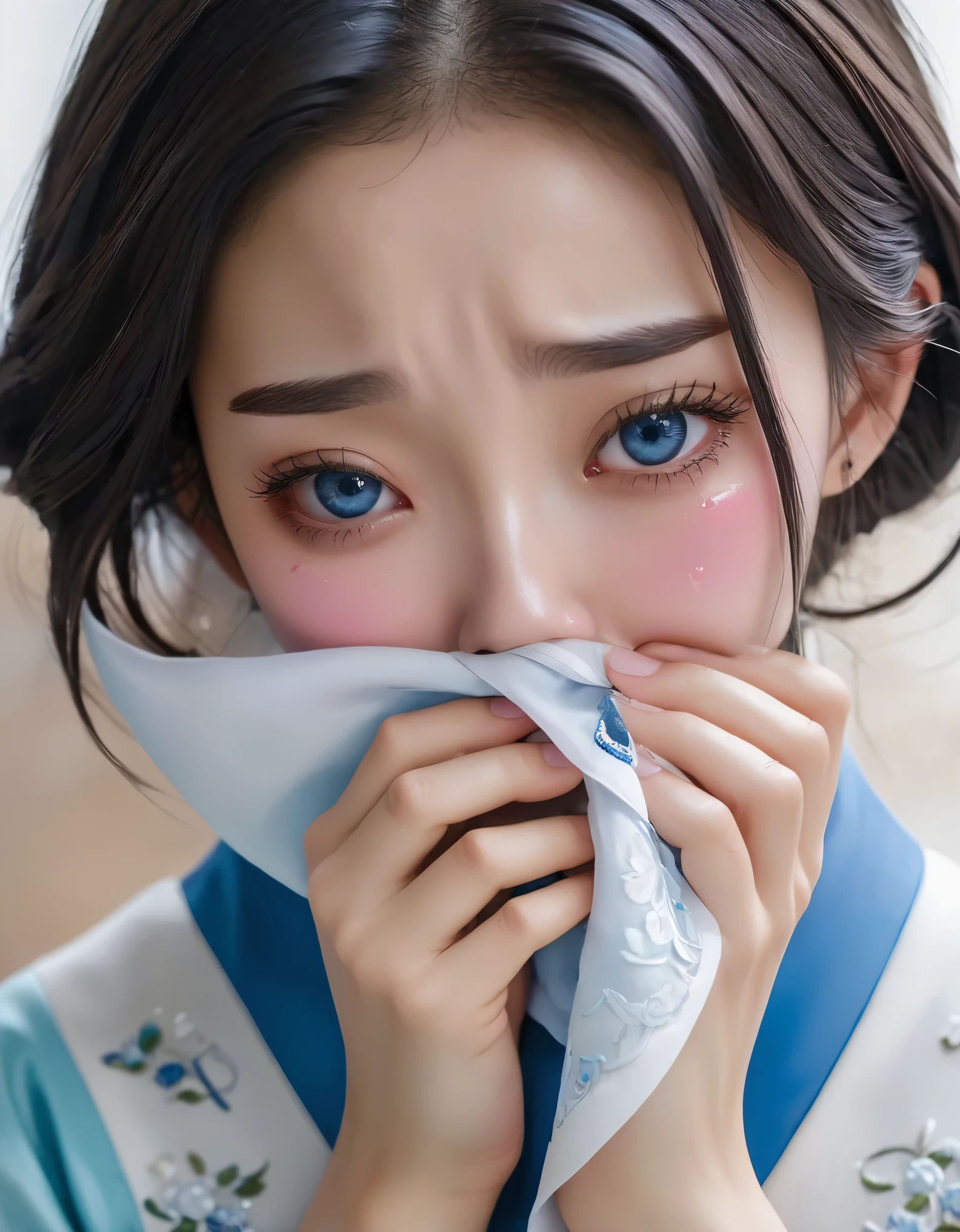 （Beautiful face of crying Chinese girl covering her face with handkerchief）, （With many, many tears in her eyes：1.3），（watery eyes）（bowed slightly），（Cover your face with your hands and cry），Pearl ear-rings, long eyelashes and pink lips, face close-up, clean face, round chin, blue eyes, Blue embroidered hanbok, White background. illustrate, 3D rendering, Bright colors and exquisite details, as illustration poster, 2D game art style, Color proofing, HD, 32k ,disney，