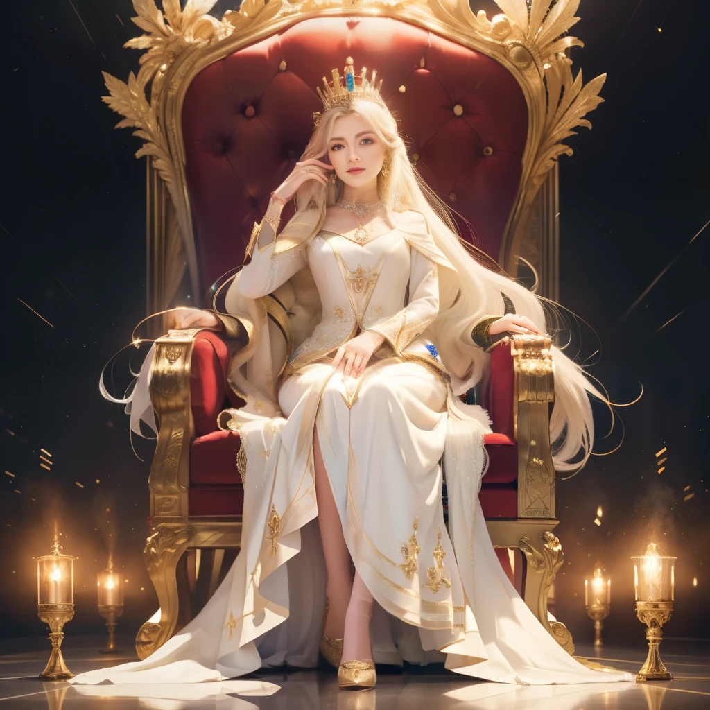 1 gorgeous blonde woman, age 23, sitting on a throne with a white dress and white stockings, on an fire throne, a beautiful fantasy empress, queen of hell, on her throne, queen, beautiful and elegant queen, sitting on her throne, sitting on throne, portrait of an queen, goddess of winter, an queen, on a throne of lava in a burning and smoking palace
