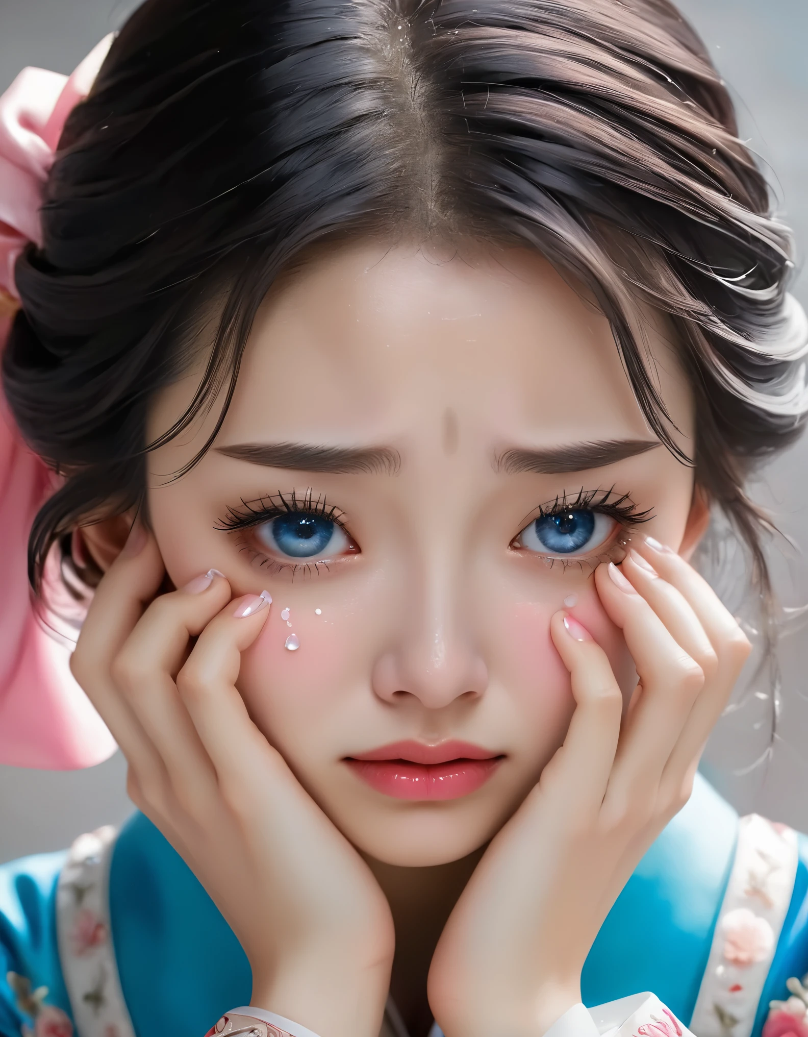 （Beautiful face of crying Chinese girl covering her face with handkerchief）, （With many, many tears in her eyes：1.3），（watery eyes）（bowed slightly），（Cover your face with your hands and cry），Pearl ear-rings, long eyelashes and pink lips, face close-up, clean face, round chin, blue eyes, Blue embroidered hanbok, White background. illustrate, 3D rendering, Bright colors and exquisite details, as illustration poster, 2D game art style, Color proofing, HD, 32k ,disney，