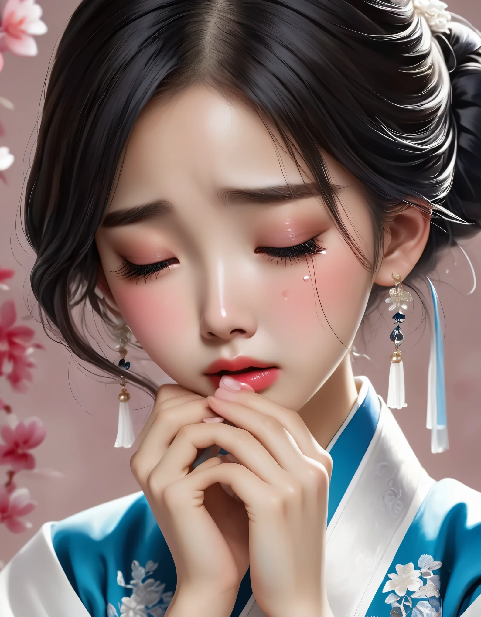 （Beautiful face of crying Chinese girl covering her face with handkerchief）, （With many, many tears in her eyes：1.3），（Eyes full of tears are flowing out）（bowed slightly），（Cover your face with your hands and cry），Pearl ear-rings, long eyelashes and pink lips, face close-up, clean face, round chin, blue eyes, Blue embroidered hanbok, White background. illustrate, 3D rendering, Bright colors and exquisite details, as illustration poster, 2D game art style, Color proofing, HD, 32k ,disney，