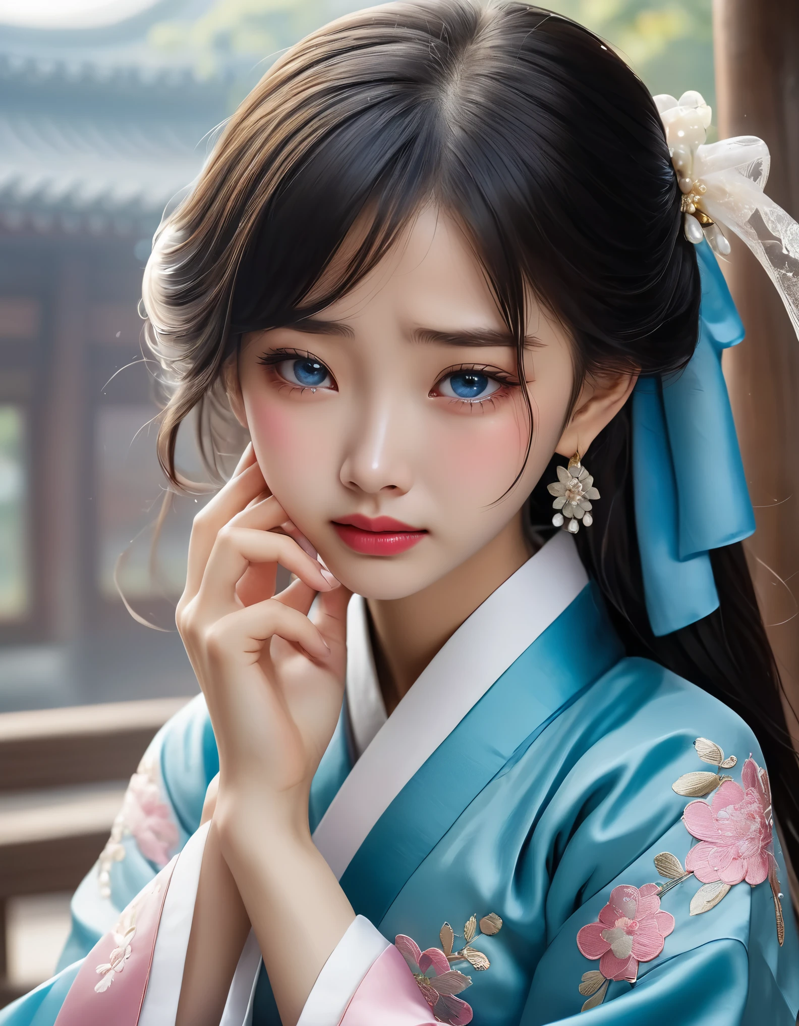 （Beautiful face of crying Chinese girl covering her face with handkerchief）, （With many, many tears in her eyes：1.3），（Eyes full of tears are flowing out）（bowed slightly），（Cover your face with your hands and cry），Pearl ear-rings, long eyelashes and pink lips, face close-up, clean face, round chin, blue eyes, Blue embroidered hanbok, White background. illustrate, 3D rendering, Bright colors and exquisite details, as illustration poster, 2D game art style, Color proofing, HD, 32k ,disney，