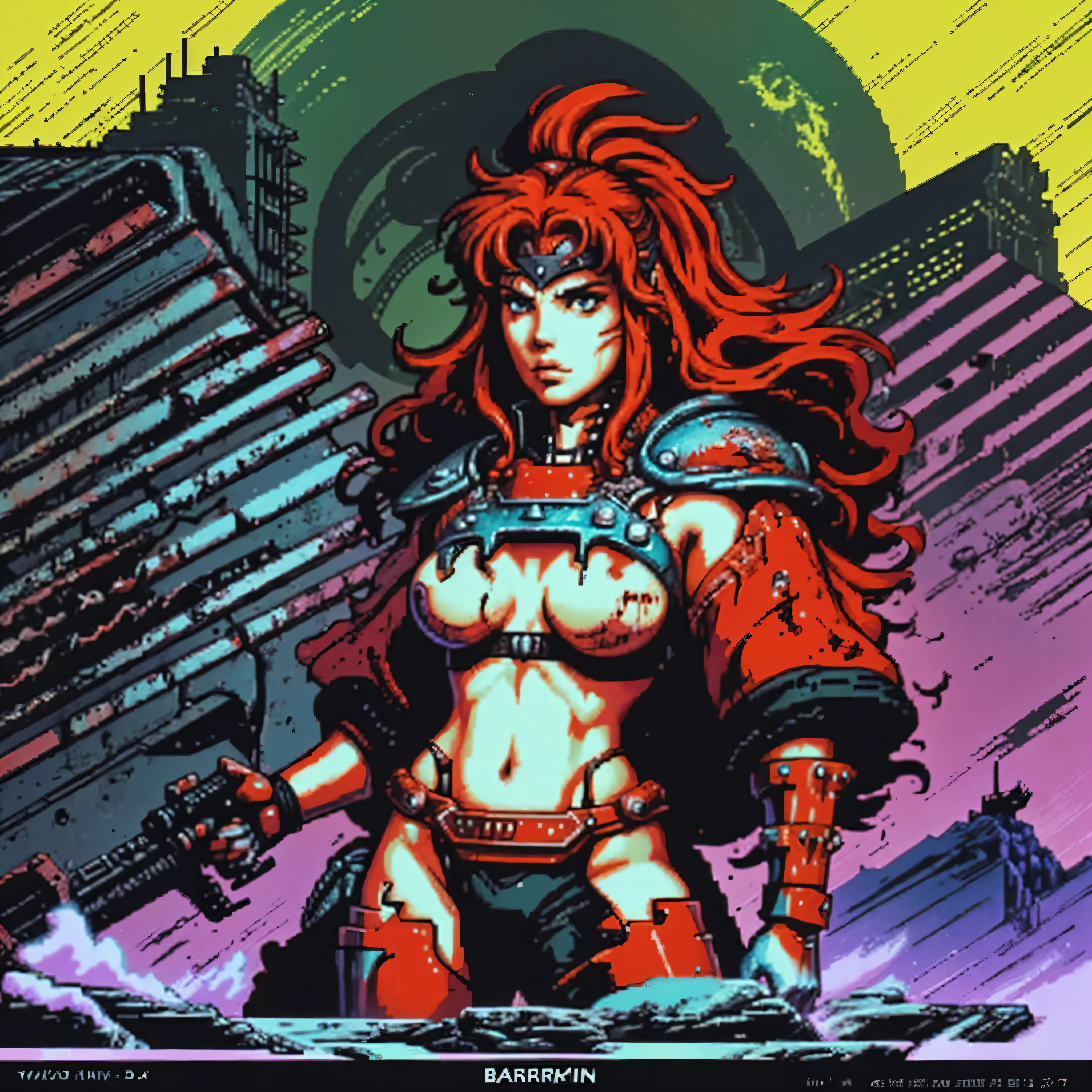 One barbarian girl, Red-haired girl, space warrior girl, cyborg girl, beautiful bbw girl, chubby girls, female warrior, whole body, nude body, perfect skin, space background, bloody rain, dark fantasy, Linsner style, Science fiction, 80s, 16-bit game, VHS era, planet in space background, purple lightning, psychedelic color background, smog, Fog, swamp, girl in swamp, Mad Max's style, VHS cassette cover
