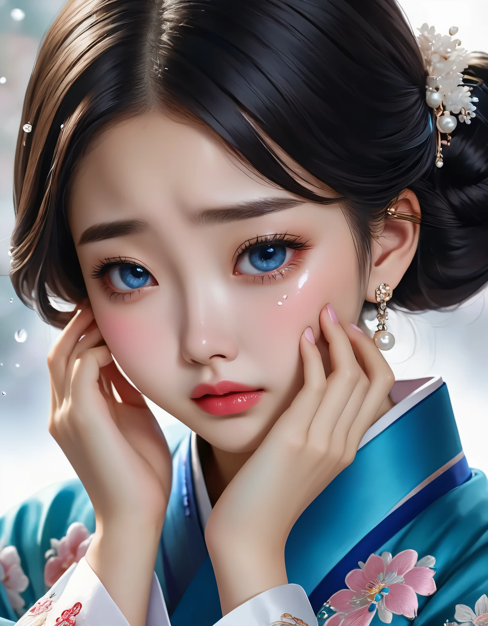 （Beautiful face of crying Chinese girl covering her face with handkerchief）, （With many, many tears in her eyes：1.3），（watery eyes）（bowed slightly），（Cover your face with your hands and cry），Pearl ear-rings, long eyelashes and pink lips, face close-up, clean face, round chin, blue eyes, Blue embroidered hanbok, White background. illustrate, 3D rendering, Bright colors and exquisite details, as illustration poster, 2D game art style, Color proofing, HD, 32k ,disney，