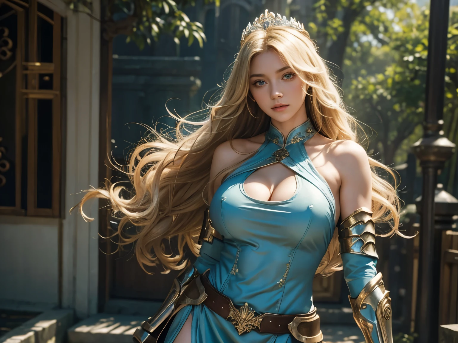 1 girl, solo focus, blond wavy hair, fashion hair, light blue eyes, huge breasts, fit body, intricate paladin armor, battle poses, lance,masterpiece, dragon, green tunic,ultra HD, raw photos, detailed skin textures, detailed face, detailed hair, detailed crown, perfect hands, cowboy shot,, very busty, low hanging breasts, , long hanging breasts, abnormally huge breasts, (abnormally huge breasts)