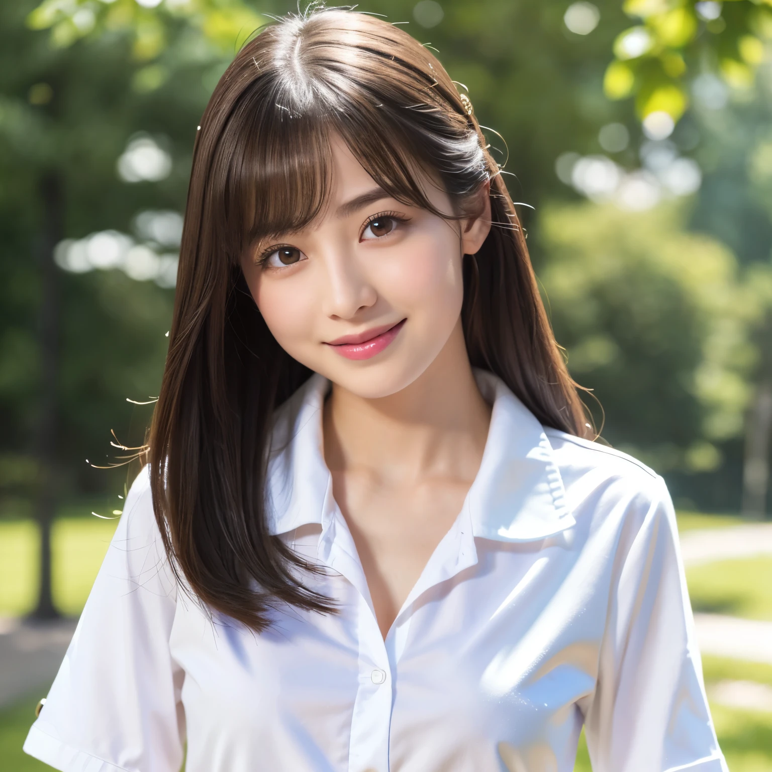 (highest quality、table top、8K、best image quality、Award-winning work)、One cute high school girl、alone、perfect beautiful composition、(Uniform shirt with full chest opening:1.3)、(unbutton one button'shirt、fully exposes small naked breasts:1.5)、(small flat chest:1.2)、slender body、(A shy smile looks at me:1.1)、(strongly blurred park background:1.1)、natural makeup、Ultra high definition beauty face、ultra high definition hair、Super high-definition sparkling eyes、(Pure white skin shining in ultra-high resolution:1.1)、Super high resolution glossy lips、accurate anatomy、ultra high definition hair、(very bright:1.1)