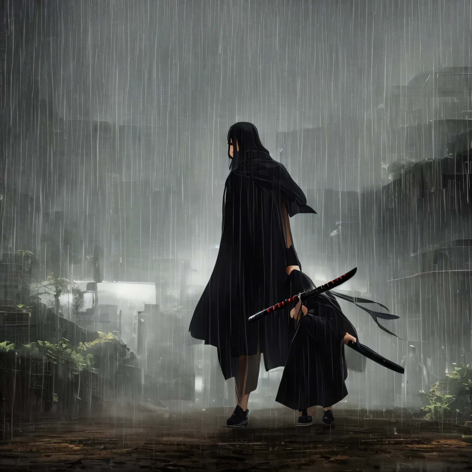 Black clothes，black hair，long hair，Wearing a cloak，head down，29 years old，holding katana in hand，Wearing armor，rainy day