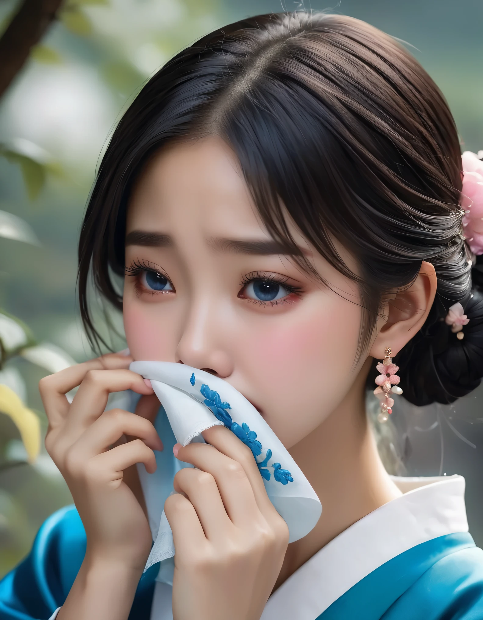 （Beautiful face of crying Chinese girl covering her face with handkerchief）, （With many, many tears in her eyes：1.3），（watery eyes）（bowed slightly），（Cover your face with your hands and cry），Pearl ear-rings, long eyelashes and pink lips, face close-up, clean face, round chin, blue eyes, Blue embroidered hanbok, White background. illustrate, 3D rendering, Bright colors and exquisite details, as illustration poster, 2D game art style, Color proofing, HD, 32k ,disney，