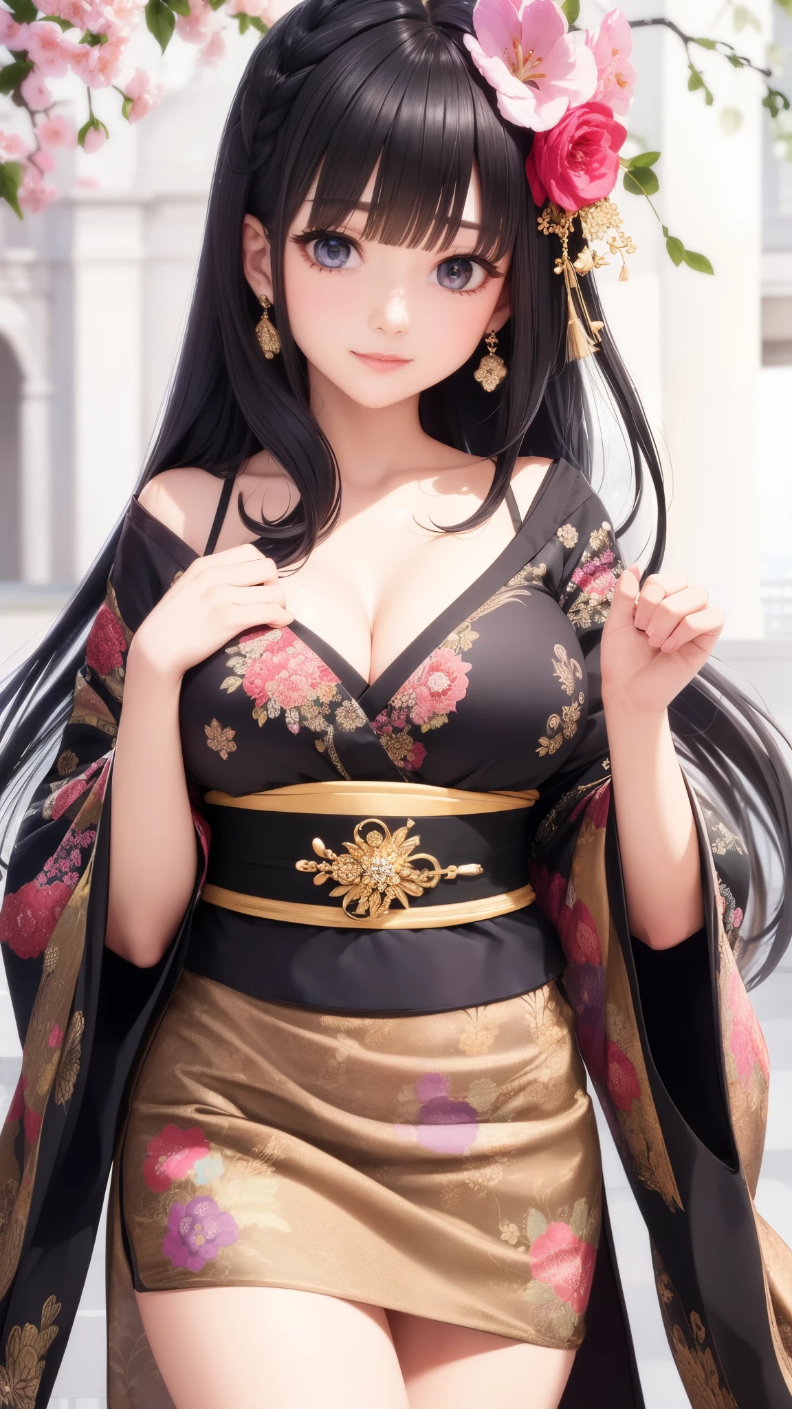 ((best quality)), ((muste piece)), (detailed face), (highlight), princess、Big breasts、blunt bangs、black hair、Kimono with detailed pattern、