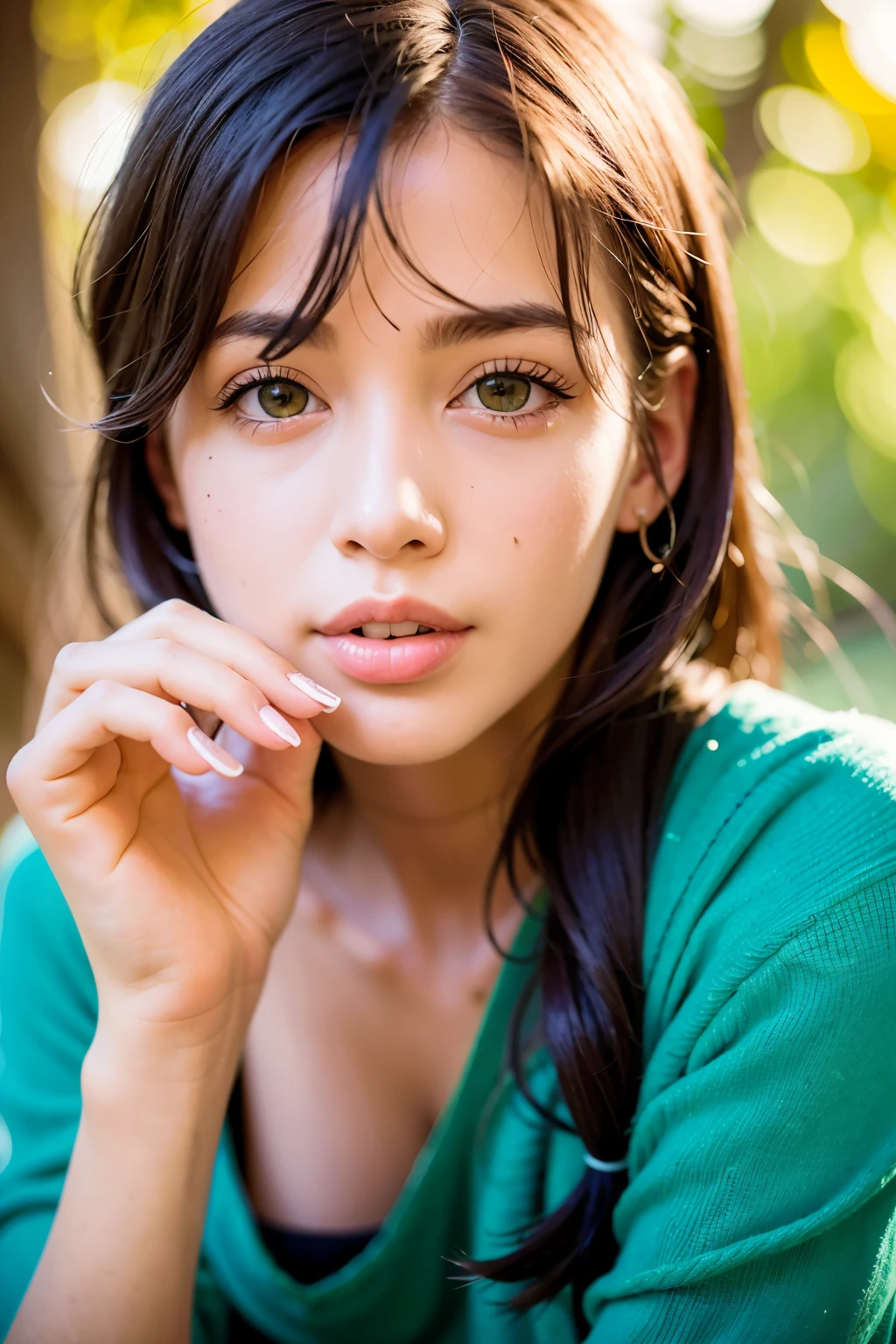 Beautiful girl in the forest, leaves falling