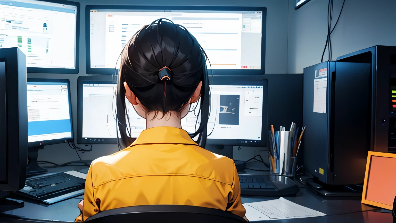 View from behind of person using computer