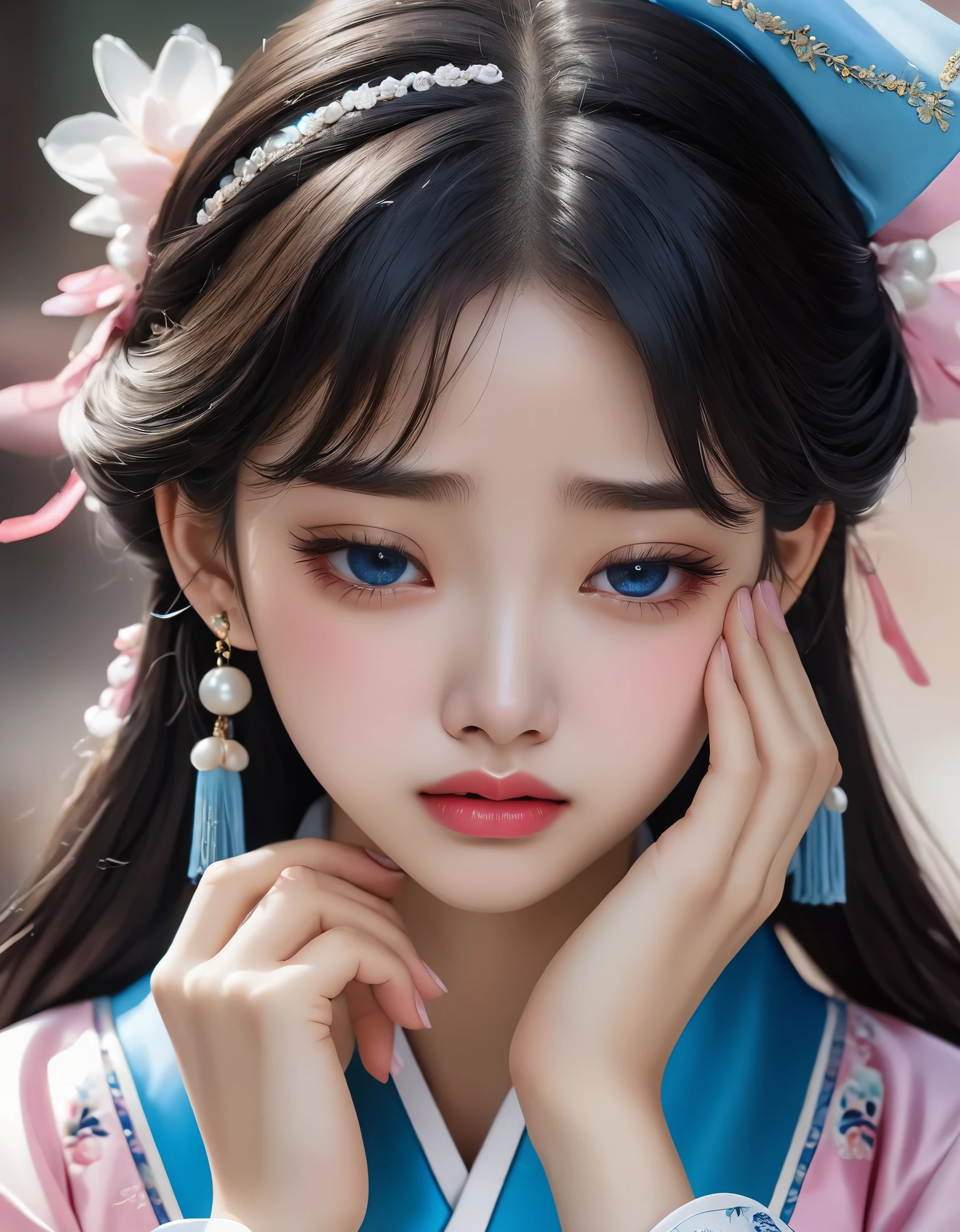 (Beautiful face of crying Chinese girl covering her face with handkerchief), (With many, many tears in her eyes:1.3),(watery eyes)(bowed slightly),(Cover your face with your hands and cry),Pearl ear-rings, long eyelashes and pink lips, face close-up, clean face, round chin, blue eyes, Blue embroidered hanbok, White background. illustrate, 3D rendering, Bright colors and exquisite details, as illustration poster, 2D game art style, Color proofing, HD, 32k ,disney,