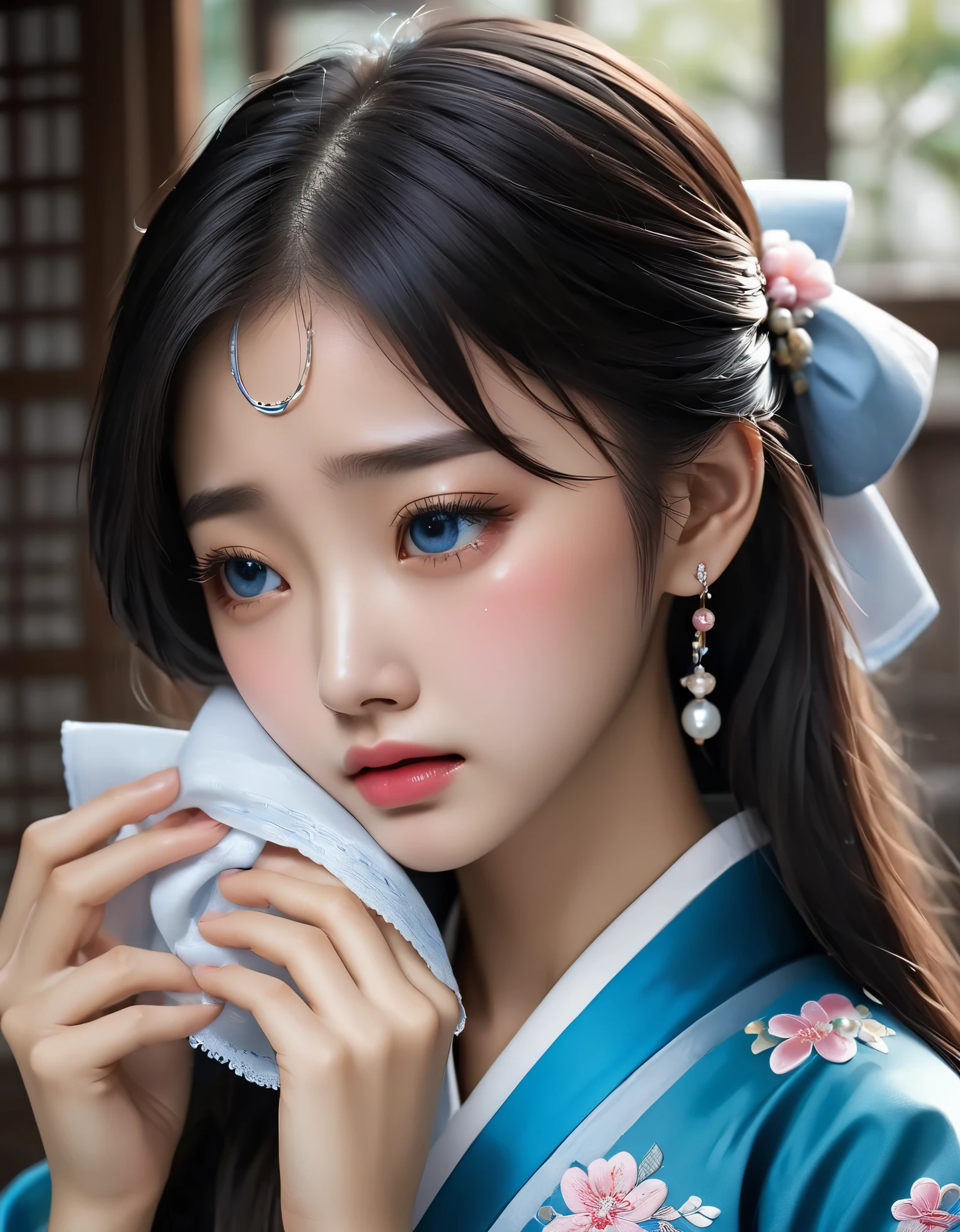 （Beautiful face of crying Chinese girl covering her face with handkerchief）, （With many, many tears in her eyes：1.3），（watery eyes）（bowed slightly），（Cover your face with your hands and cry），Pearl ear-rings, long eyelashes and pink lips, face close-up, clean face, round chin, blue eyes, Blue embroidered hanbok, White background. illustrate, 3D rendering, Bright colors and exquisite details, as illustration poster, 2D game art style, Color proofing, HD, 32k ,disney，