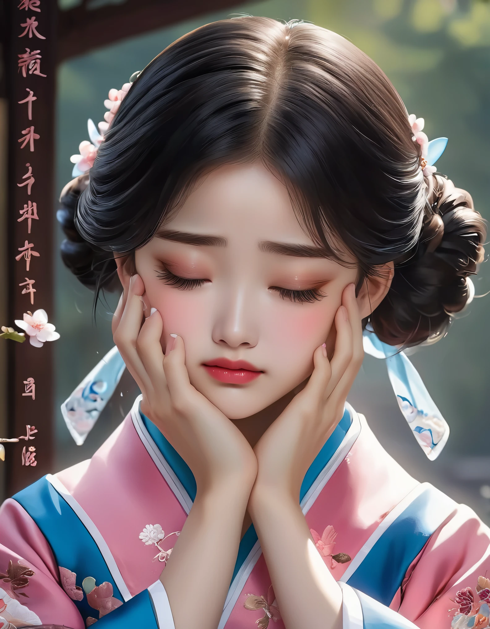 （Beautiful face of crying Chinese girl covering her face with handkerchief）, （With many, many tears in her eyes：1.3），（watery eyes）（bowed slightly），（Cover your face with your hands and cry），Pearl ear-rings, long eyelashes and pink lips, face close-up, clean face, round chin, blue eyes, Blue embroidered hanbok, White background. illustrate, 3D rendering, Bright colors and exquisite details, as illustration poster, 2D game art style, Color proofing, HD, 32k ,disney，